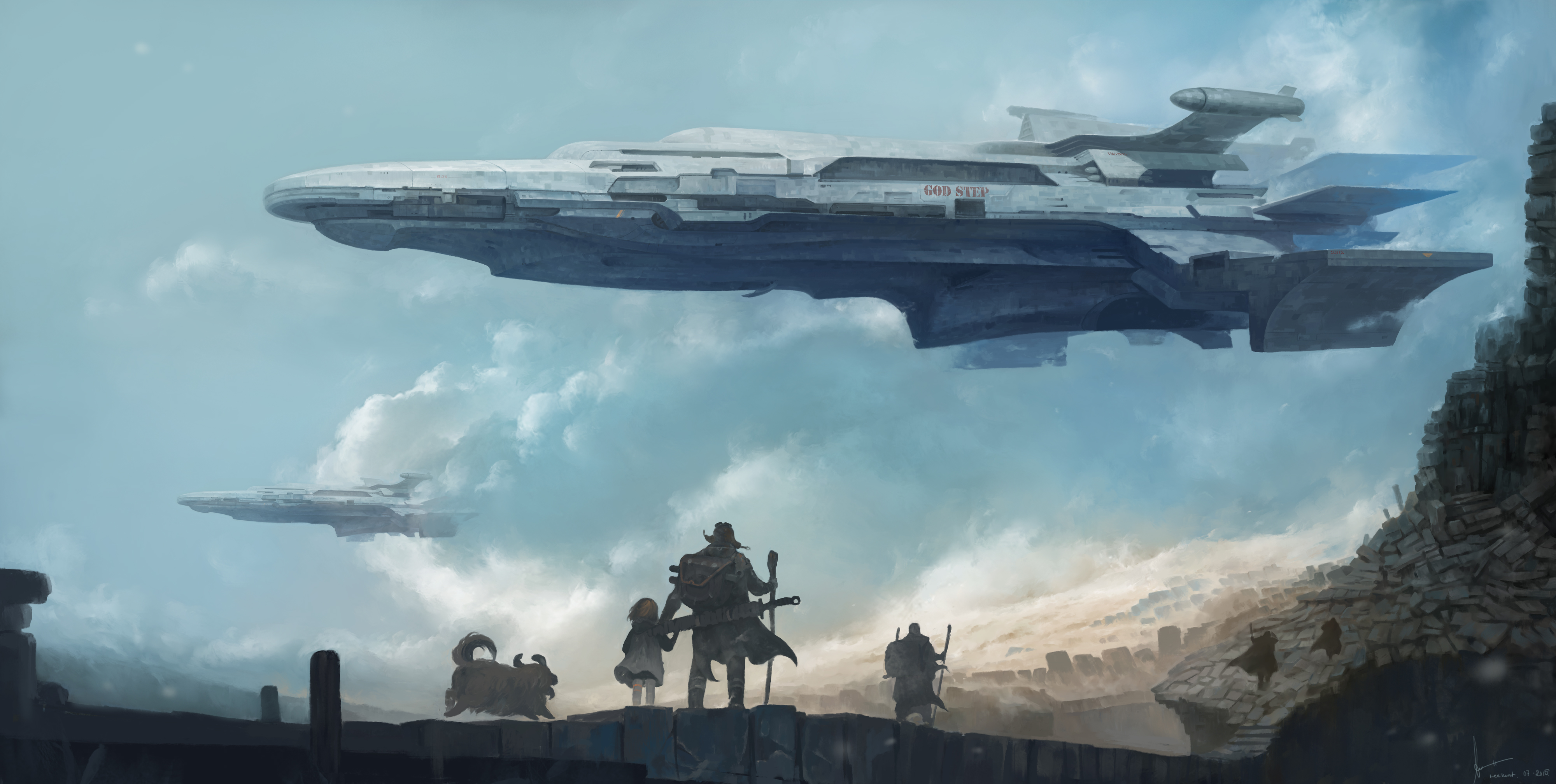 God Step Spaceship Flying Over Ruined Landscape HD Wallpaper