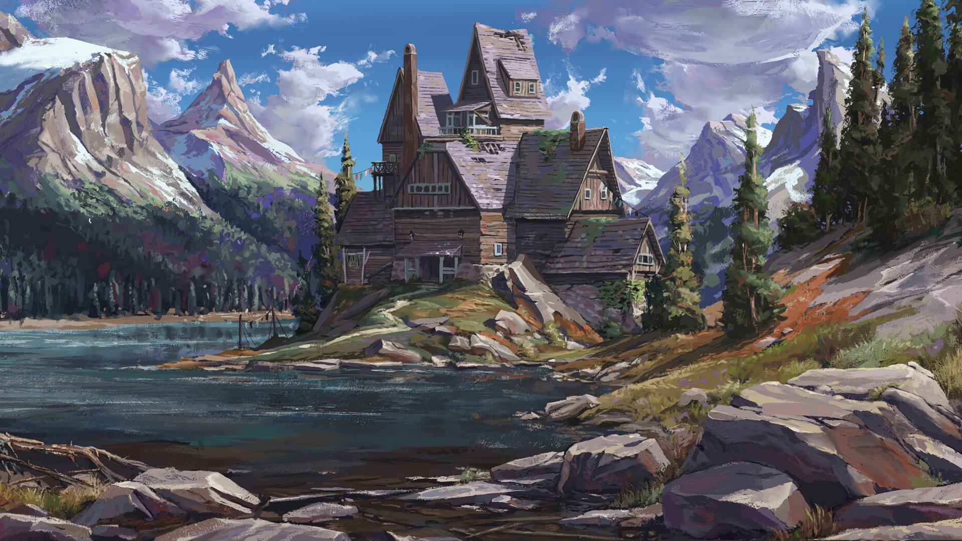 Wooden house on a rocky hill by a lake with mountains HD Wallpaper