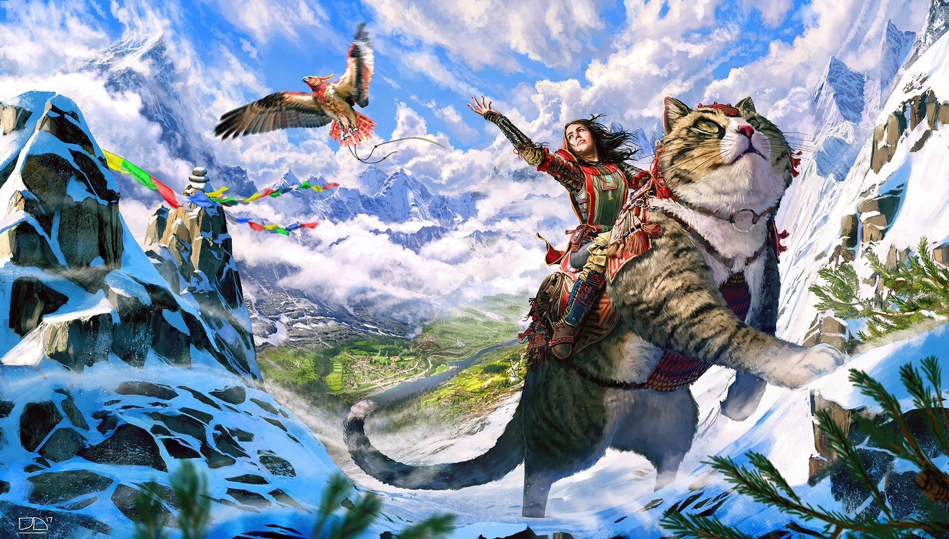 Girl riding a cat with an eagle in mountains HD Wallpaper