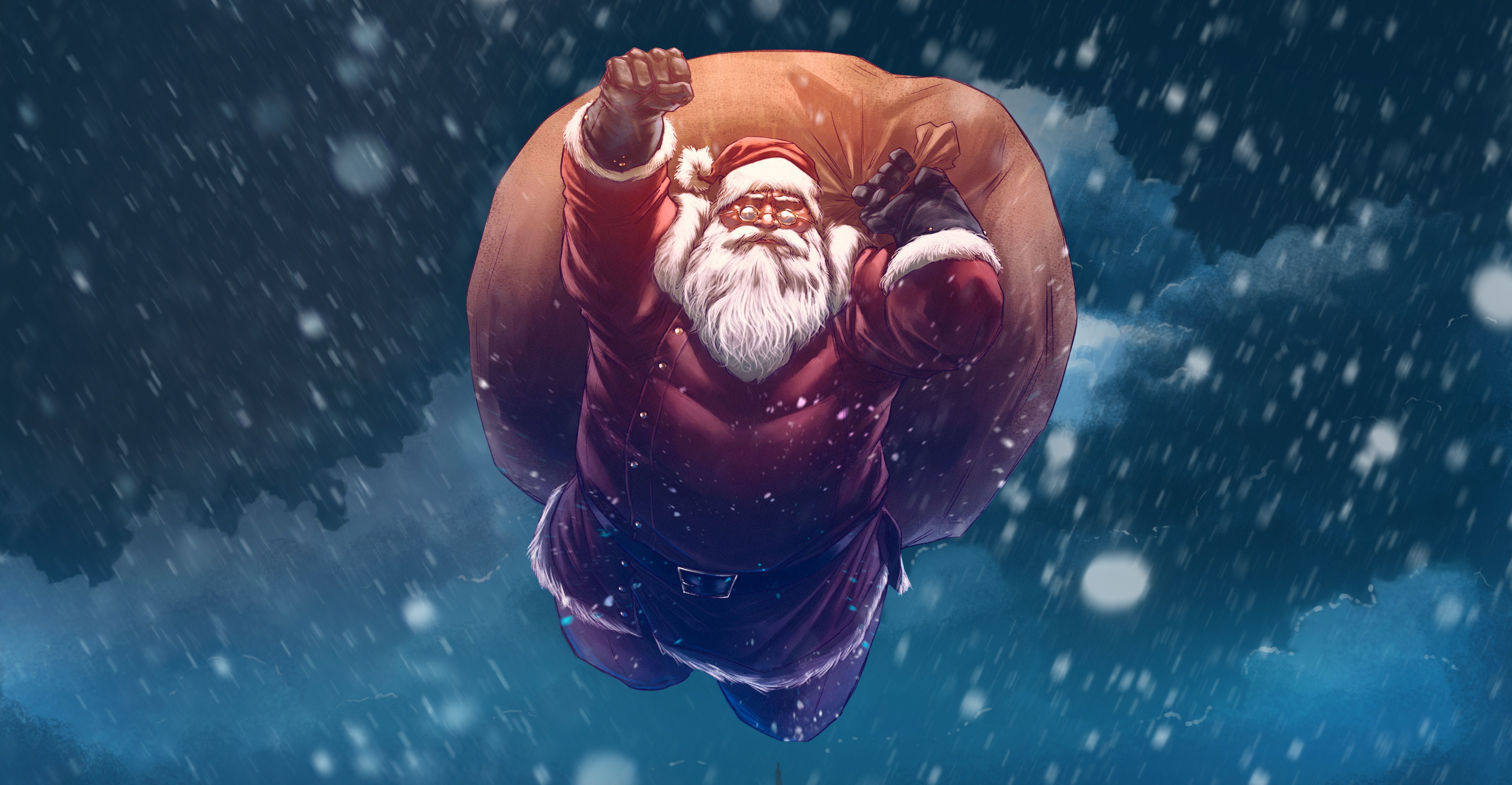 Santa Claus flying with a sack of gifts HD Wallpaper