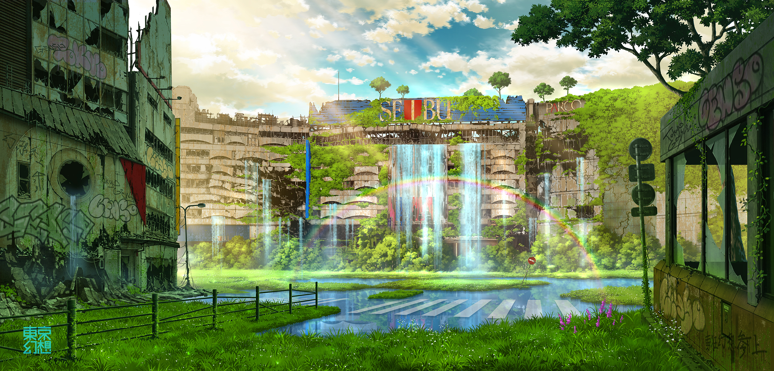 Post-apocalyptic city with waterfalls and overgrown buildings HD Wallpaper