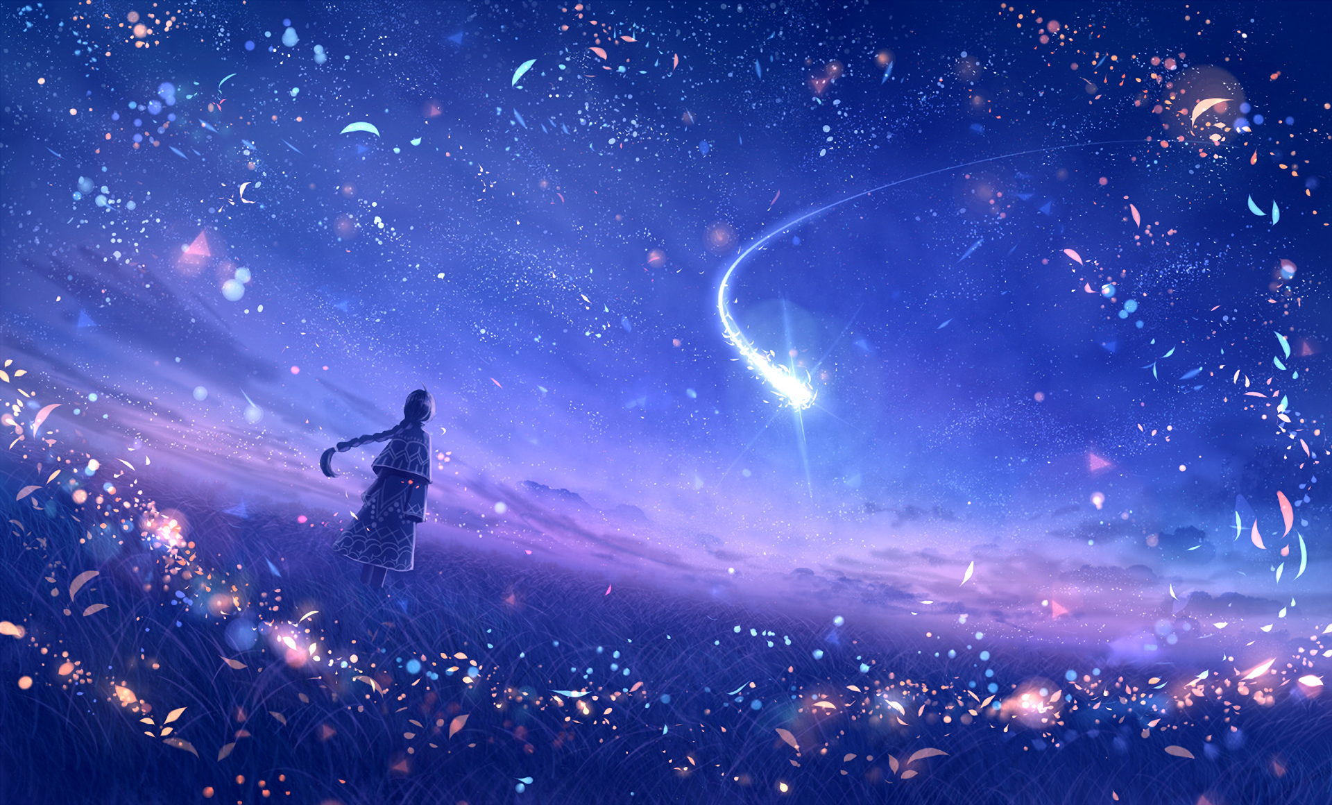 Girl watching a shooting star in a field HD Wallpaper