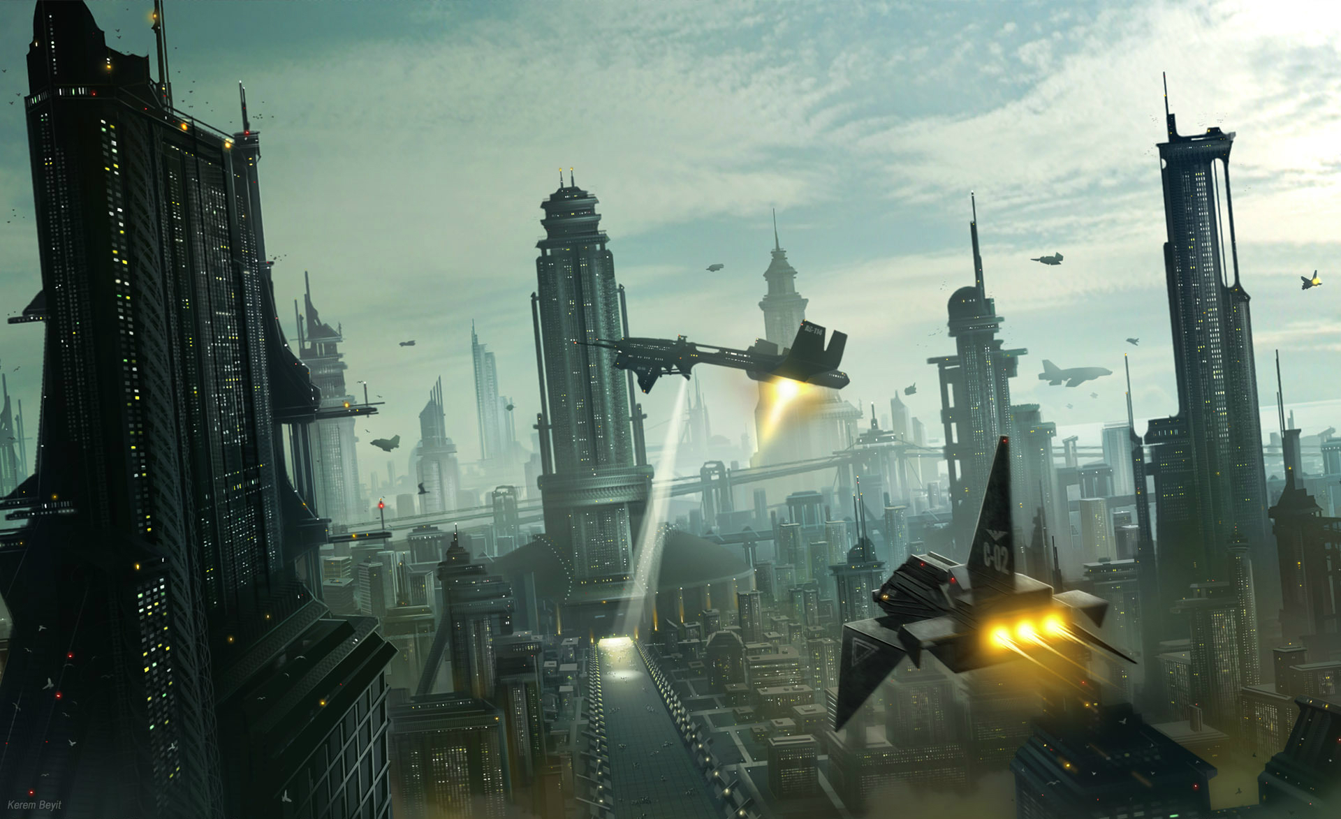 Sci-Fi Cityscape with Flying Vehicles HD Wallpaper