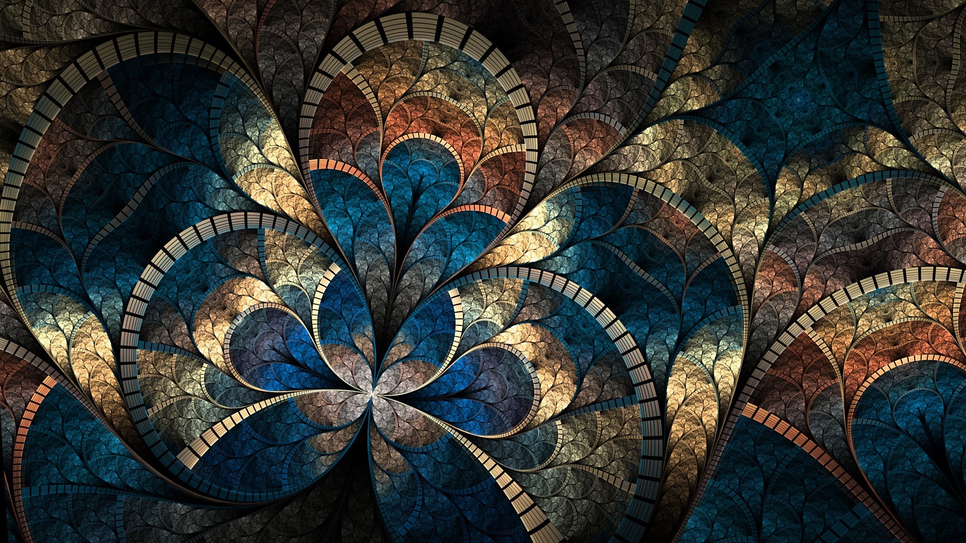 Abstract fractal art with blue, gold, and brown patterns HD Wallpaper