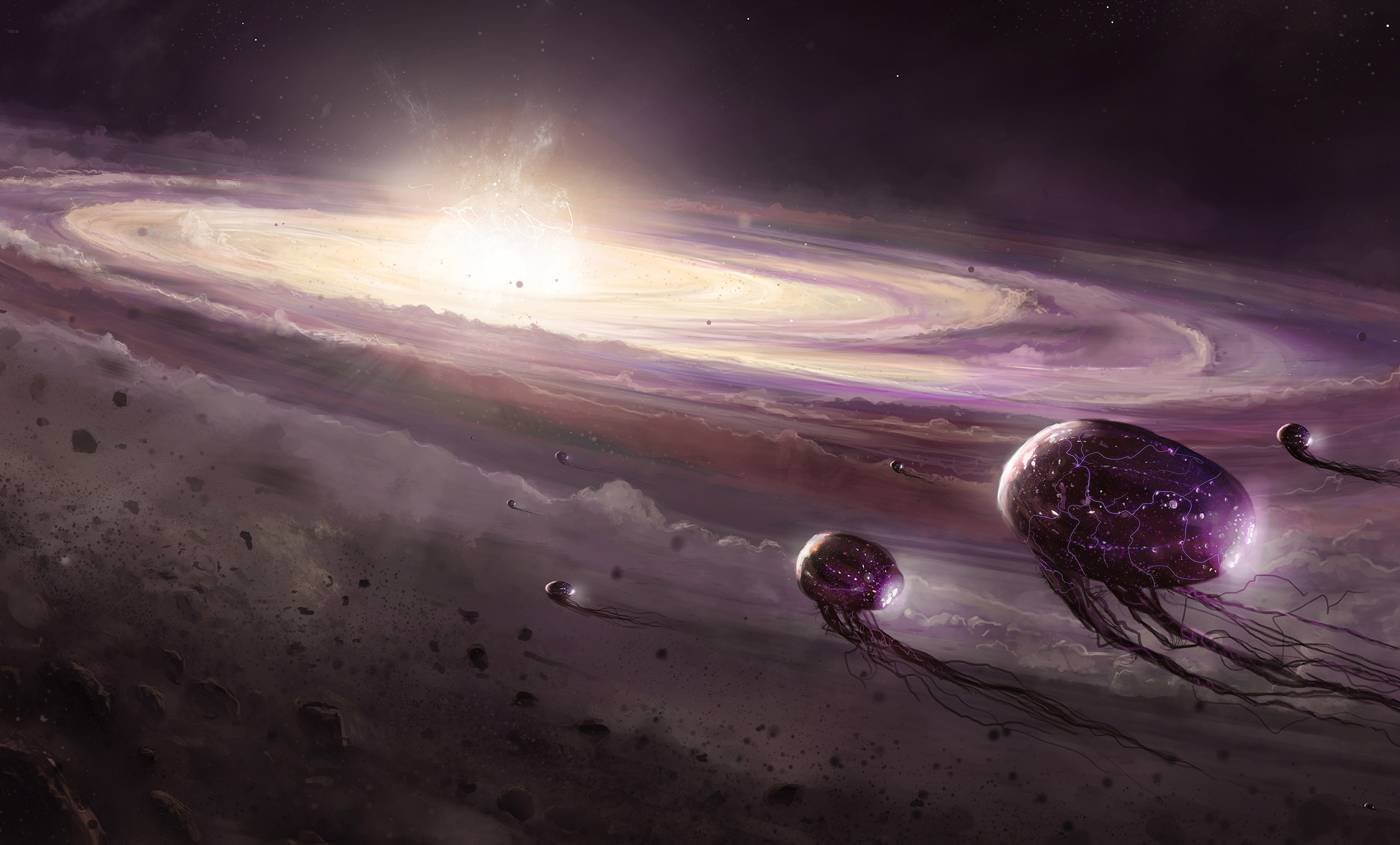 Space jellyfish near a swirling galaxy HD Wallpaper