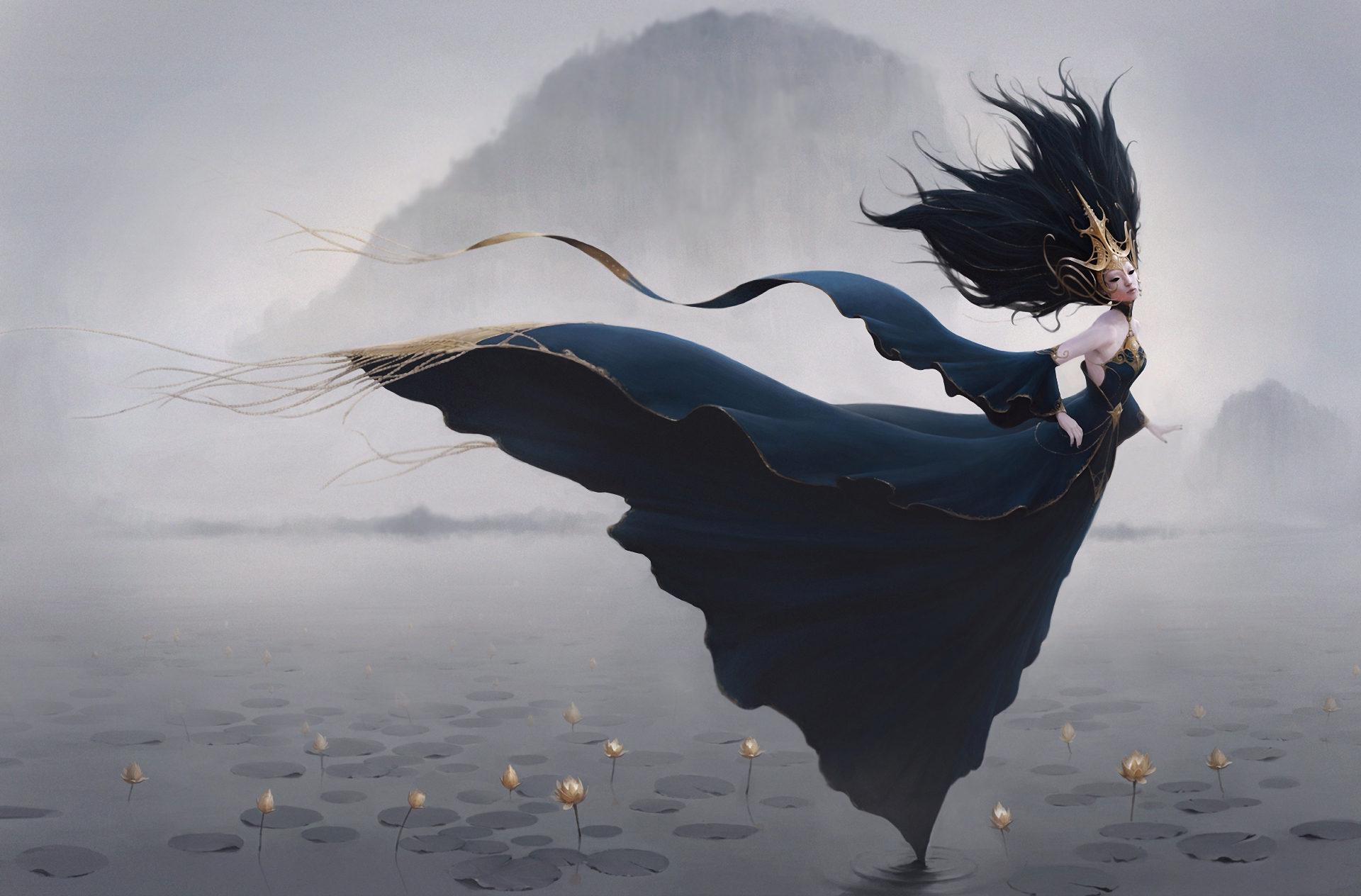 Taoist fairy in dark dress on a misty lake HD Wallpaper