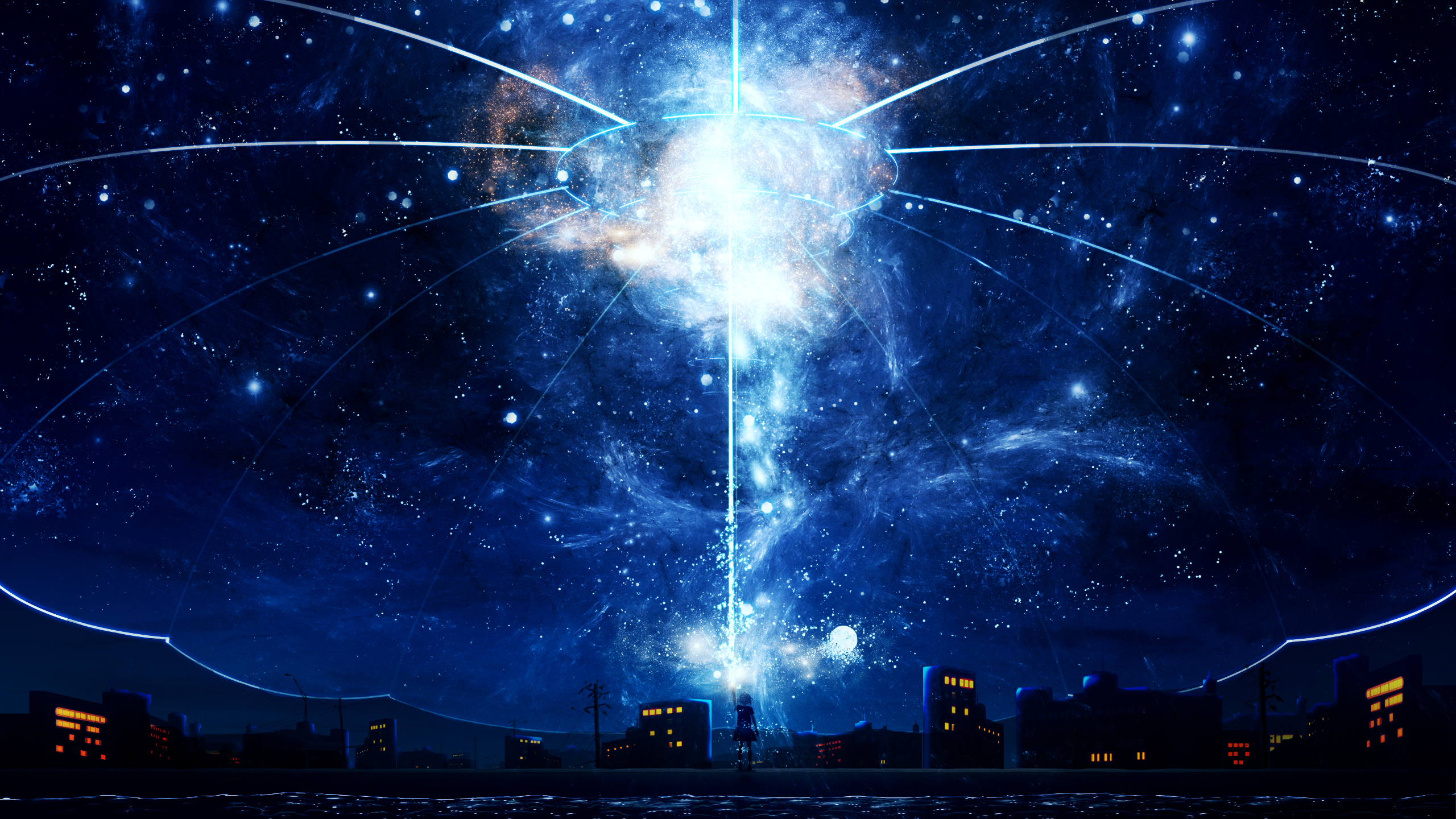 Girl under a cosmic light display HD Wallpaper
