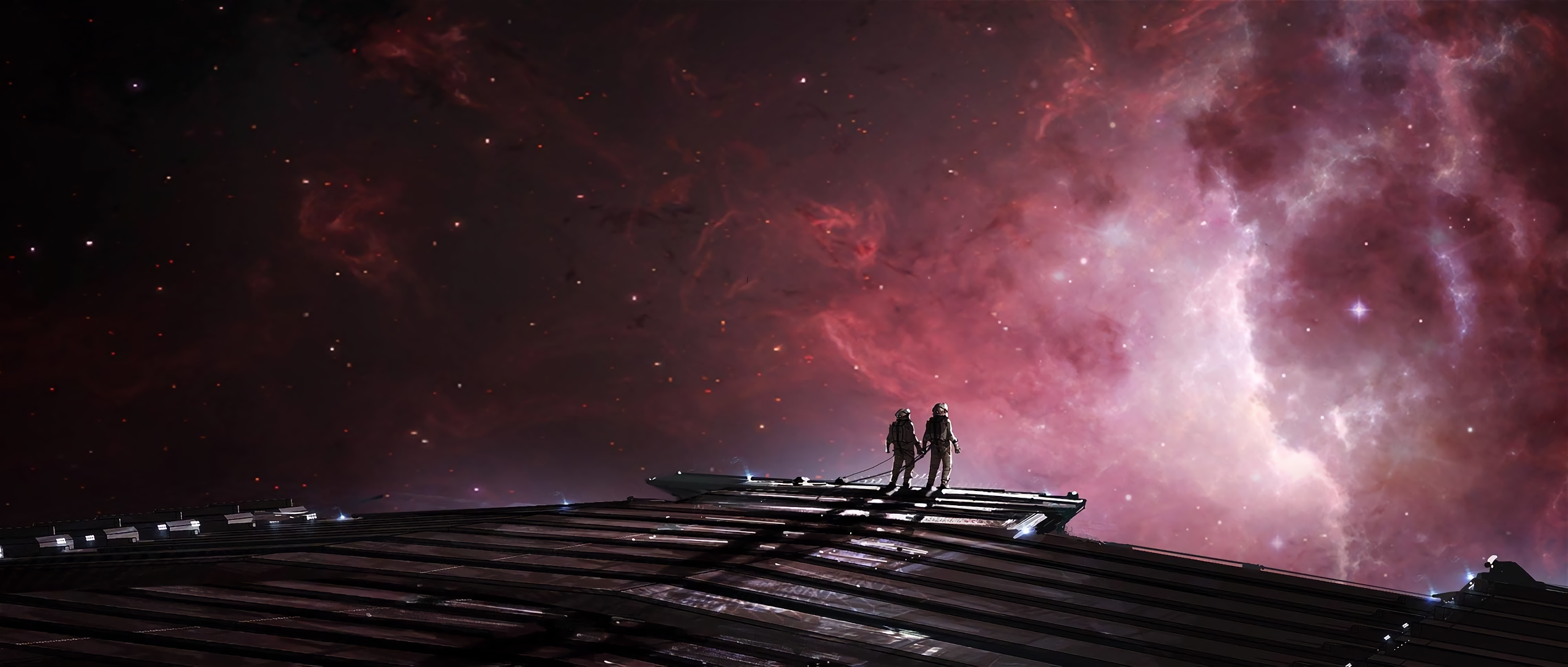 Two astronauts on a spaceship deck looking at a nebula HD Wallpaper