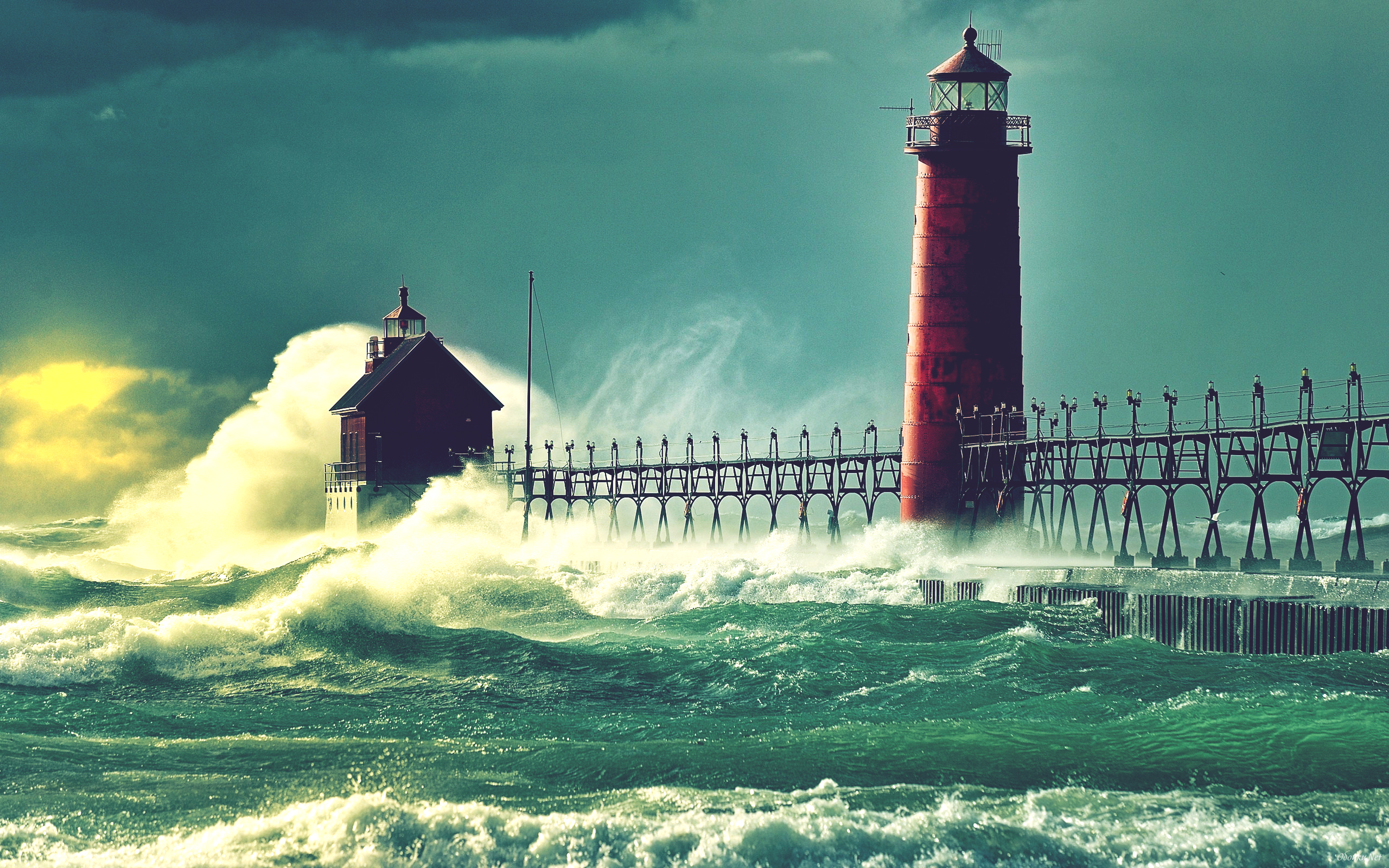 Red lighthouse on pier during storm in Michigan HD Wallpaper