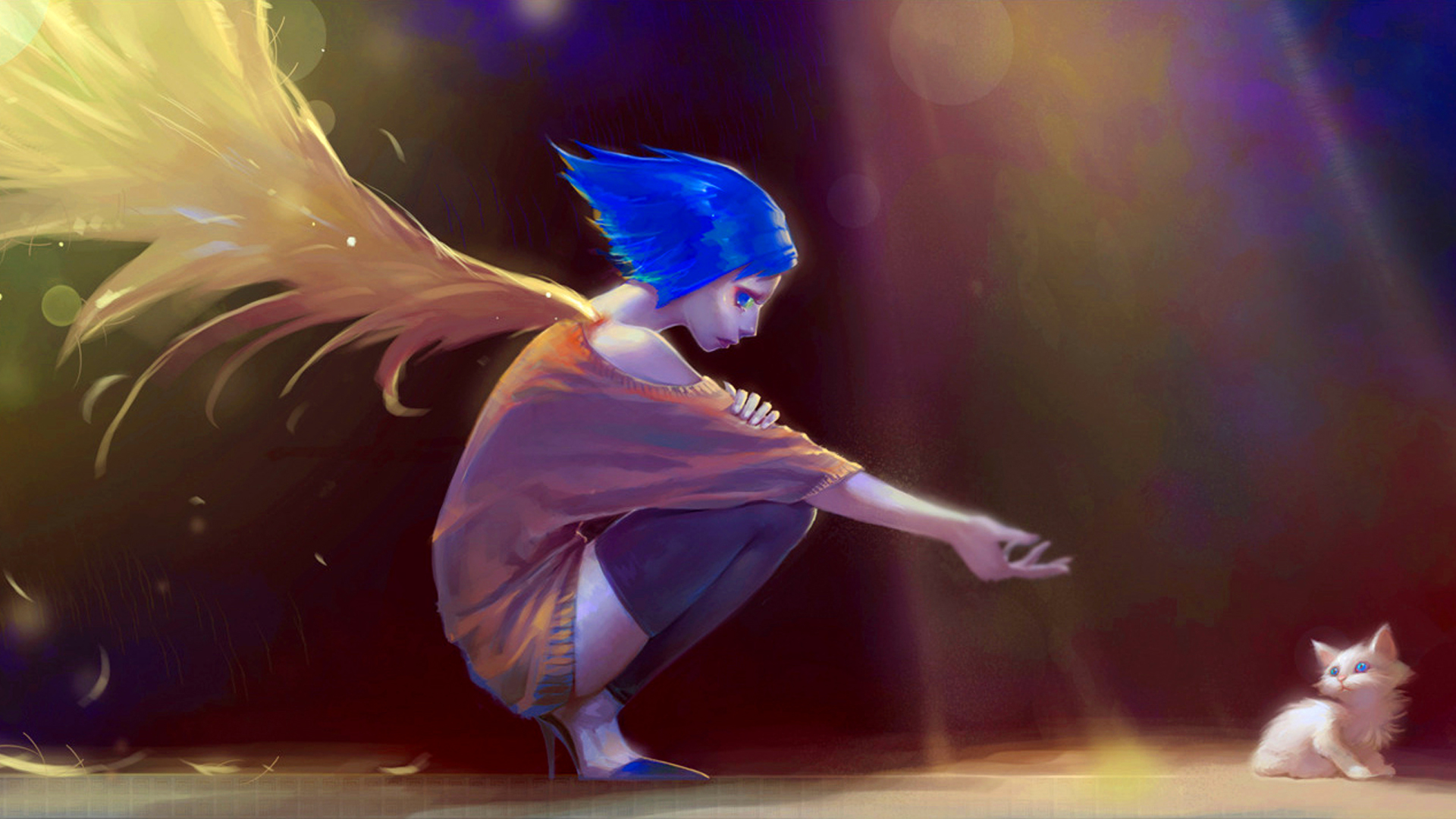 Angel with blue hair and a kitten HD Wallpaper