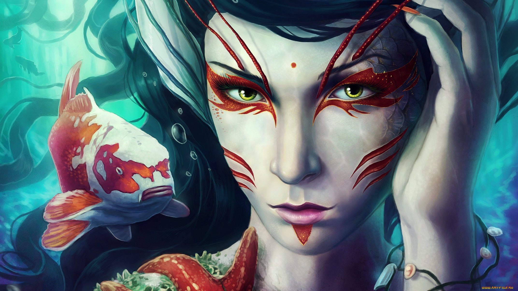 Fantasy woman with koi fish and starfish HD Wallpaper