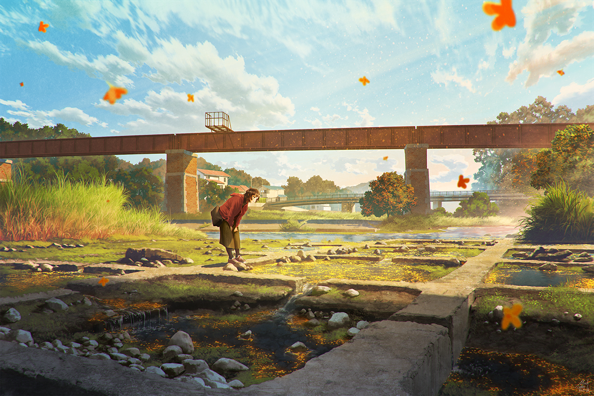 Anime girl by a river under a bridge HD Wallpaper