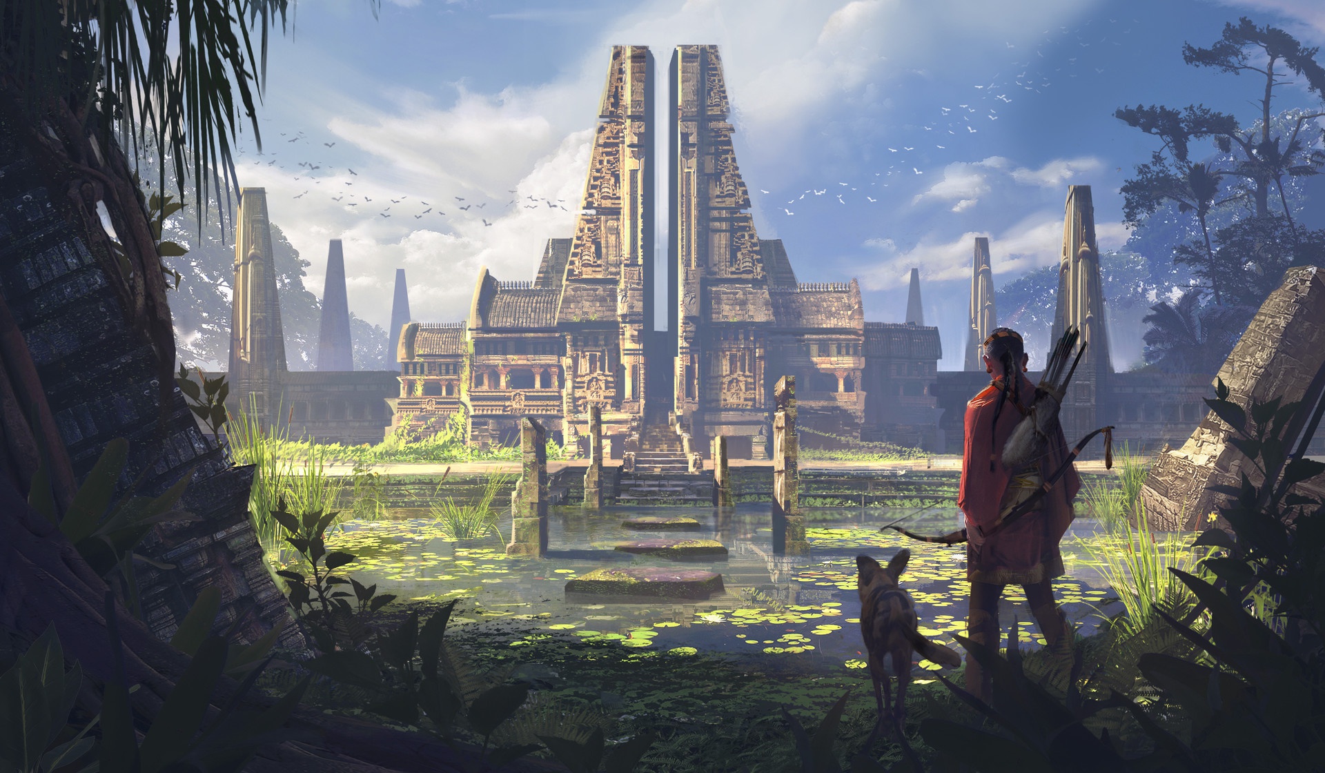 Man with dog and bow near ancient temple ruins HD Wallpaper