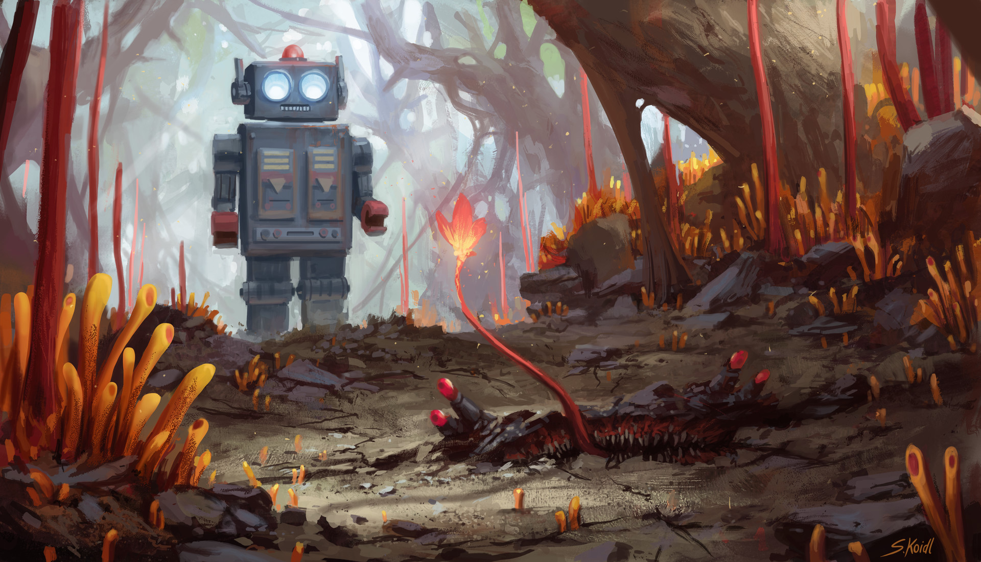 Robot in a strange alien forest HD Wallpaper