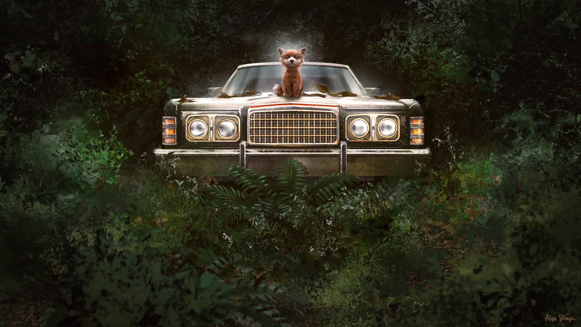 Fox on a vintage car in a forest HD Wallpaper
