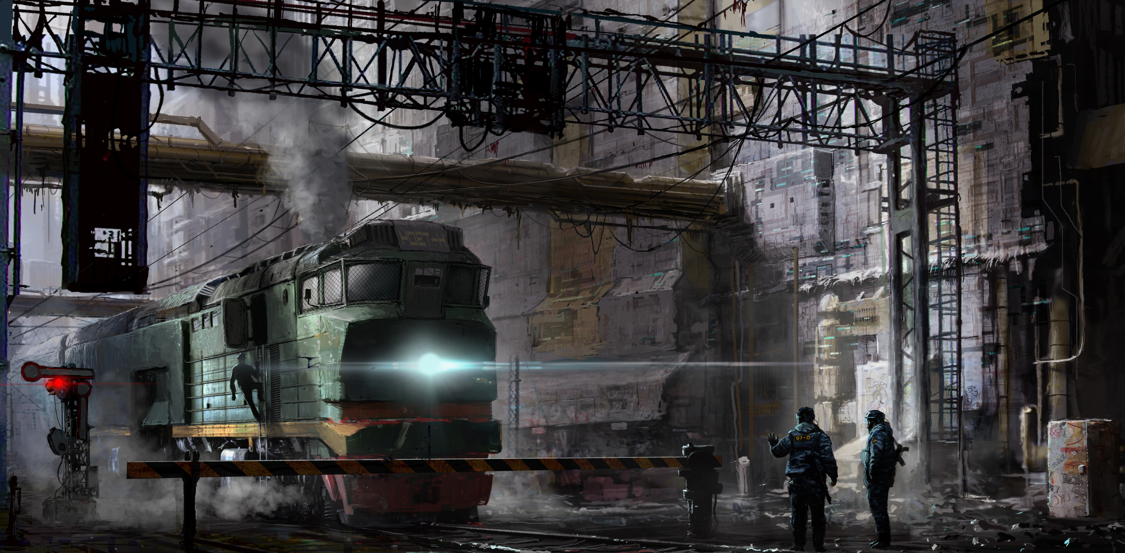 Train in industrial setting with two figures HD Wallpaper