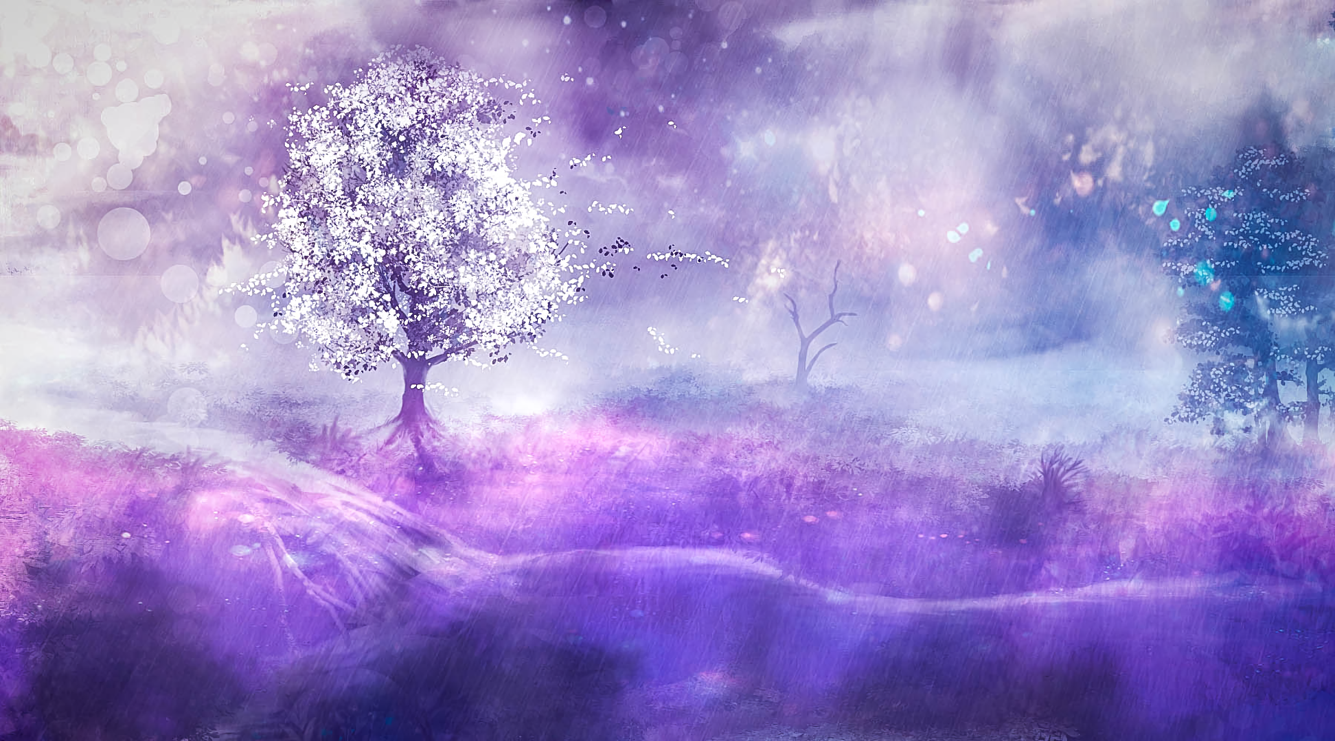 Fantasy landscape with a white tree and rain HD Wallpaper