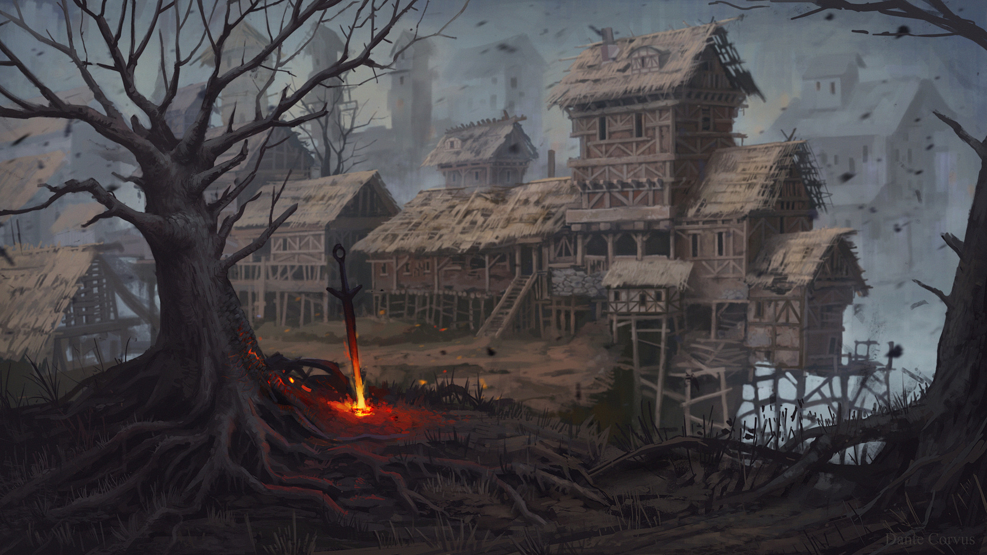 Dark Souls village with glowing sword HD Wallpaper