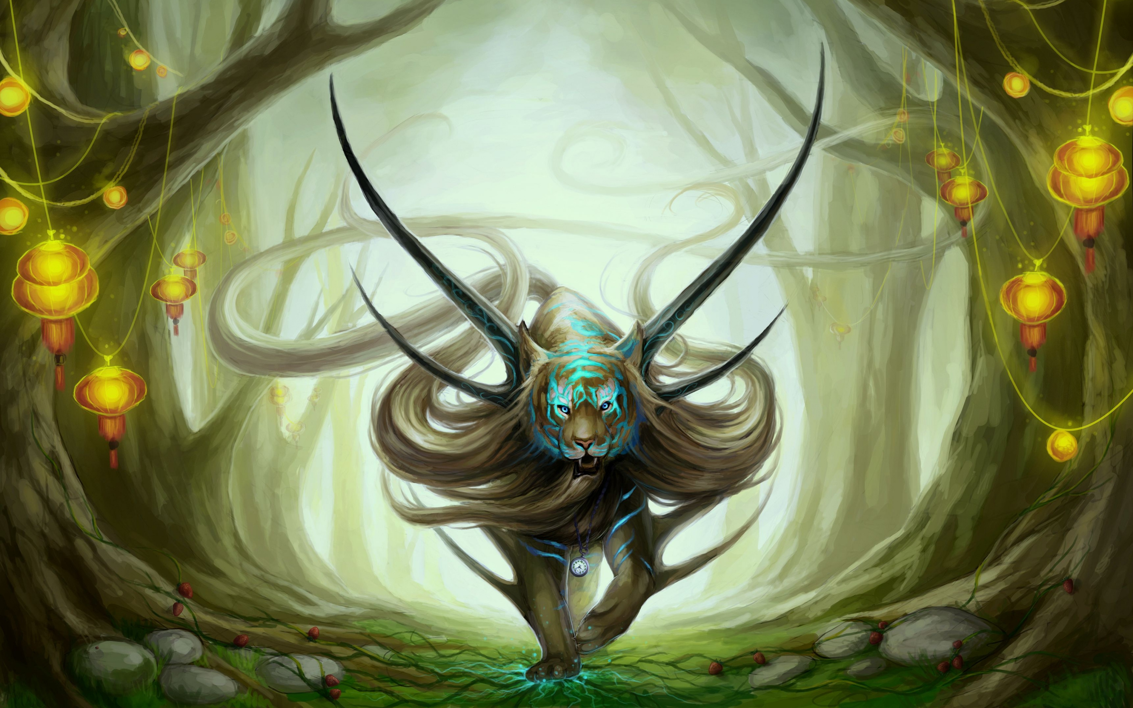 Fantasy Tiger with Antlers and Lanterns in Forest HD Wallpaper