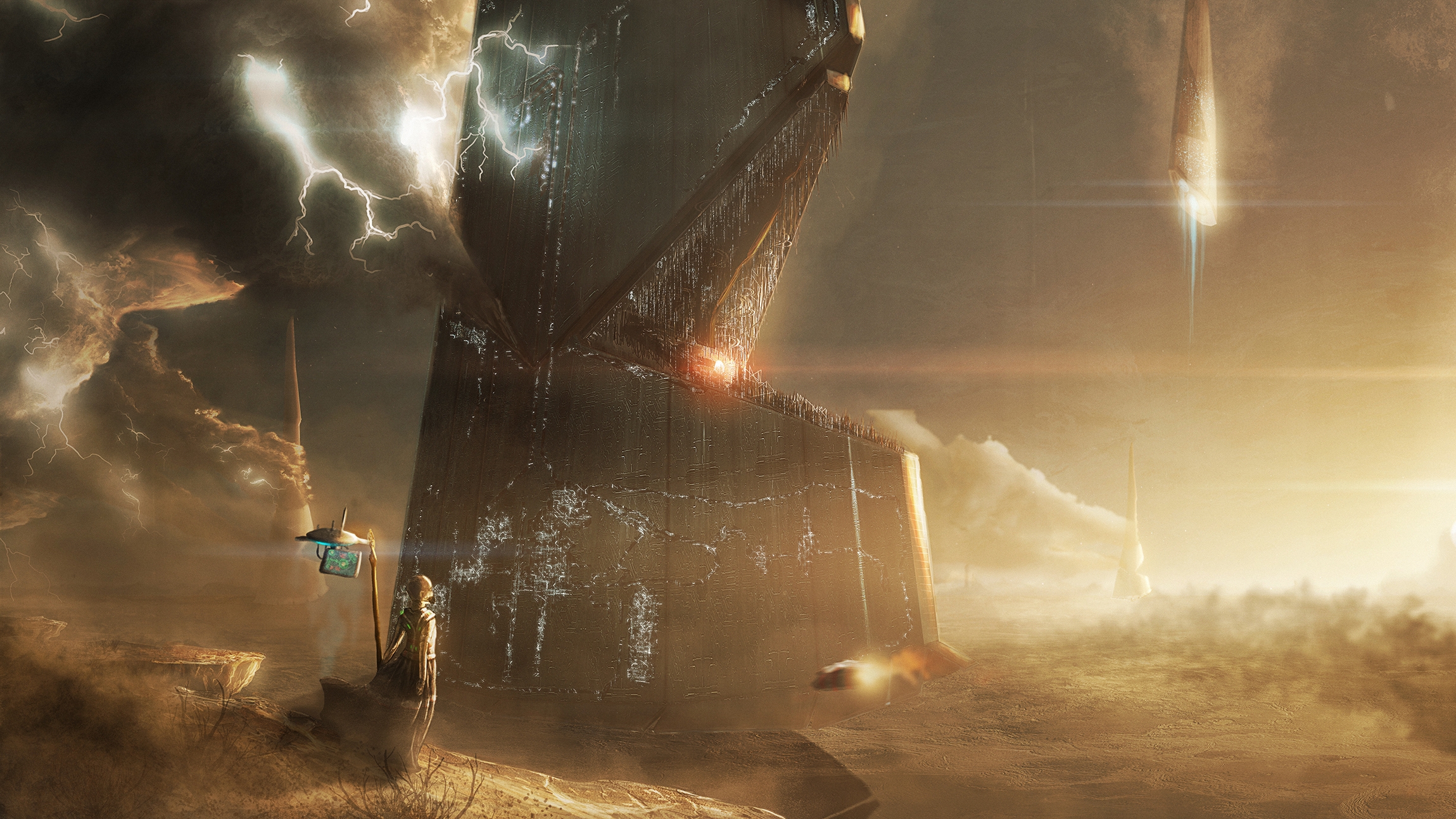 Sci-fi landscape with alien structures and lightning HD Wallpaper