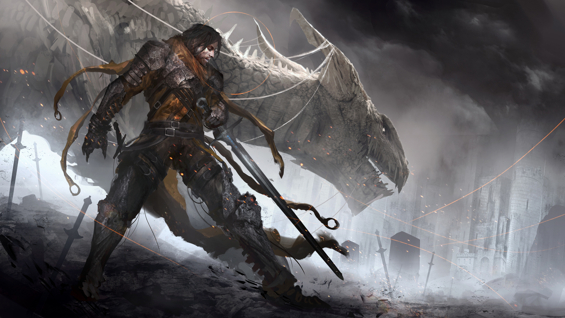 Warrior fighting a dragon with swords in background HD Wallpaper
