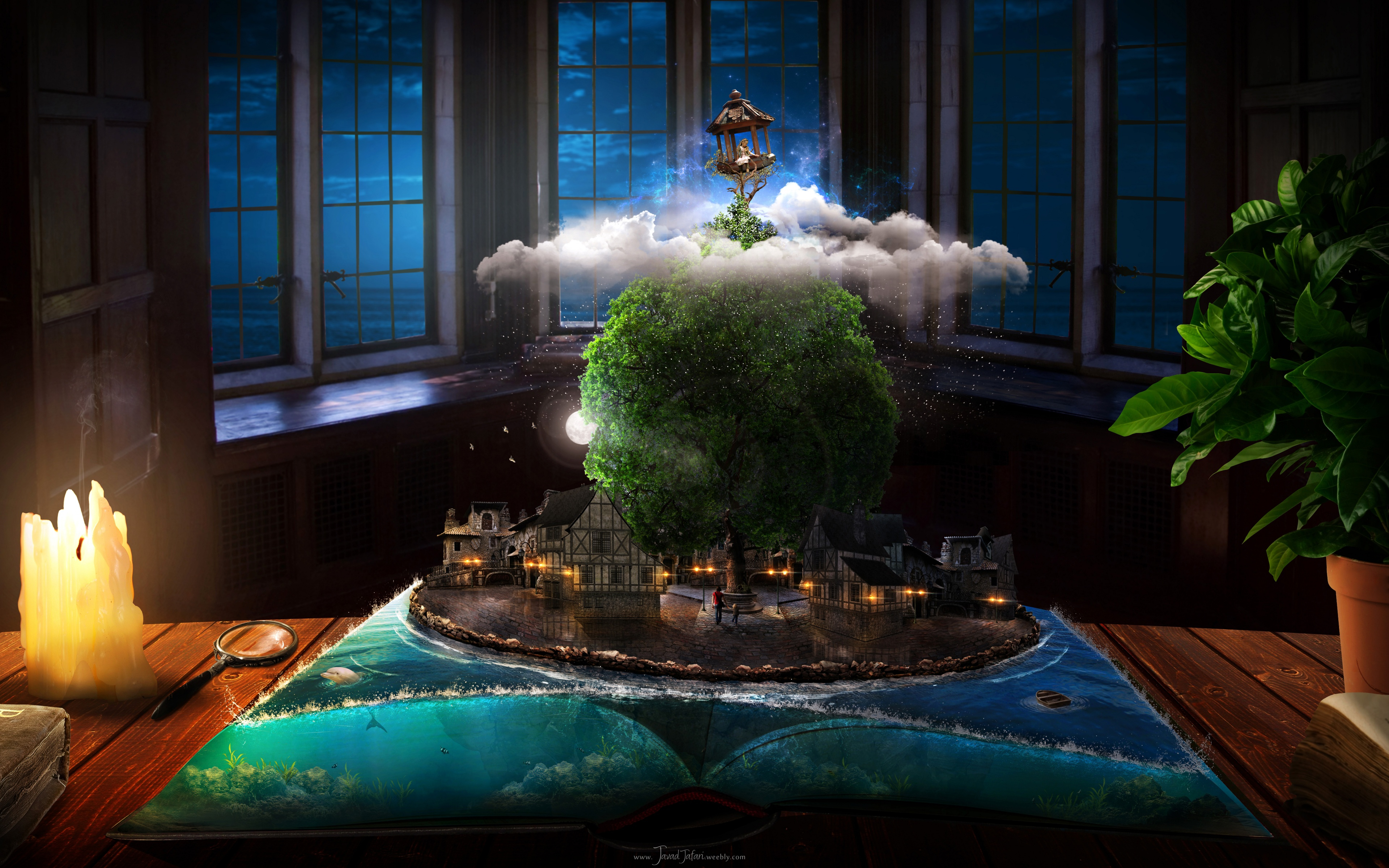 Fantasy book with island, tree, and village HD Wallpaper