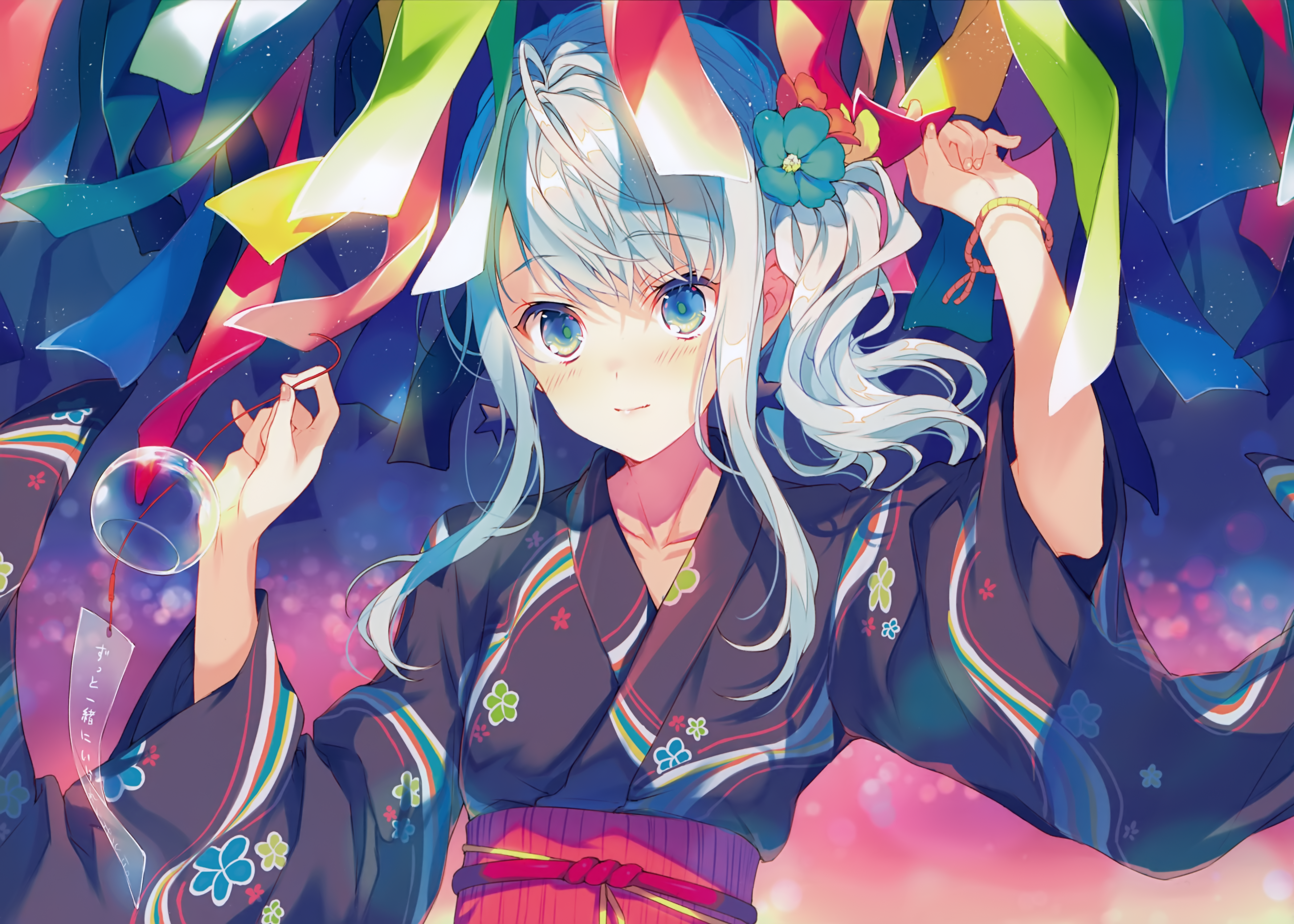 Girl in Kimono with Colorful Ribbons and Yo-yo HD Wallpaper