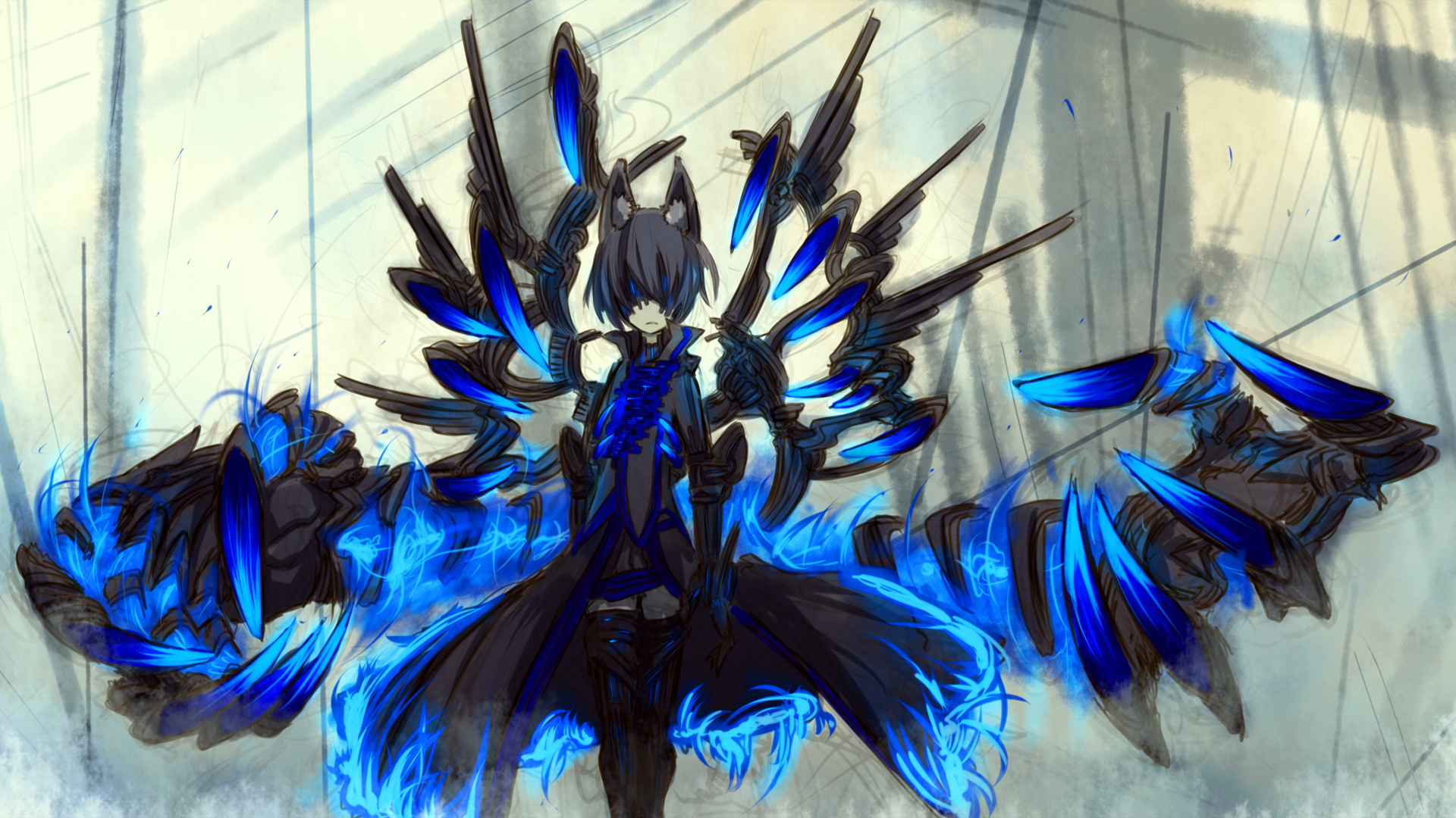 Anime girl with mechanical wings and blue energy HD Wallpaper