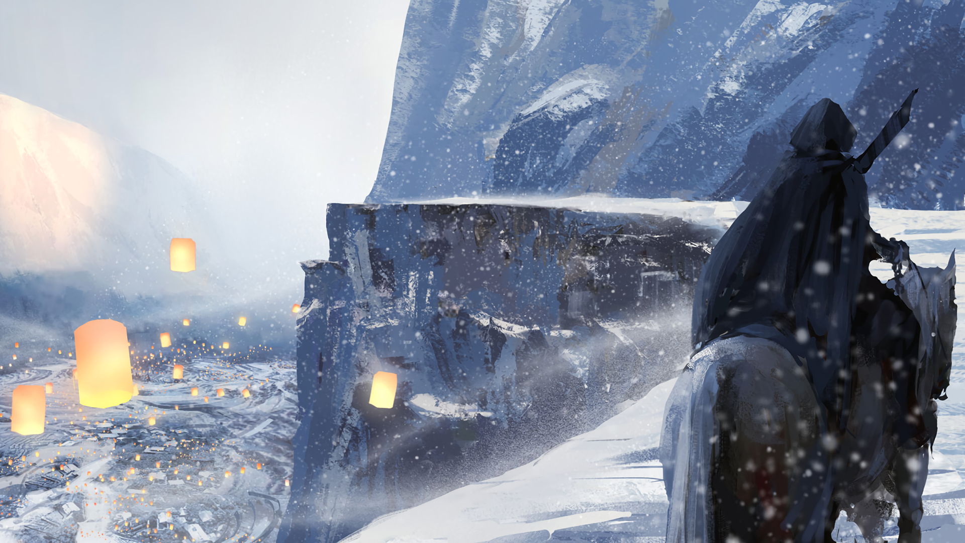 GhostBlade character on horseback overlooking a snowy village HD Wallpaper