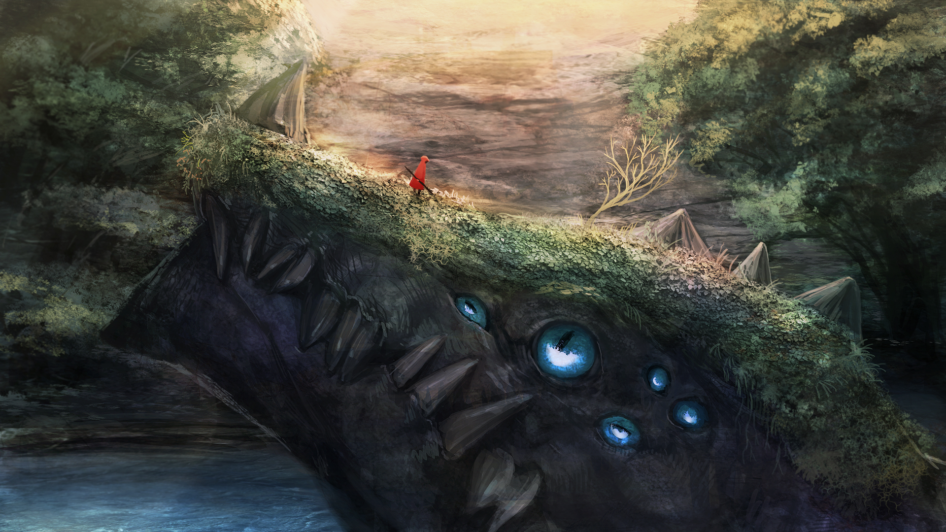 A person in a red cloak walks on a moss-covered creature HD Wallpaper