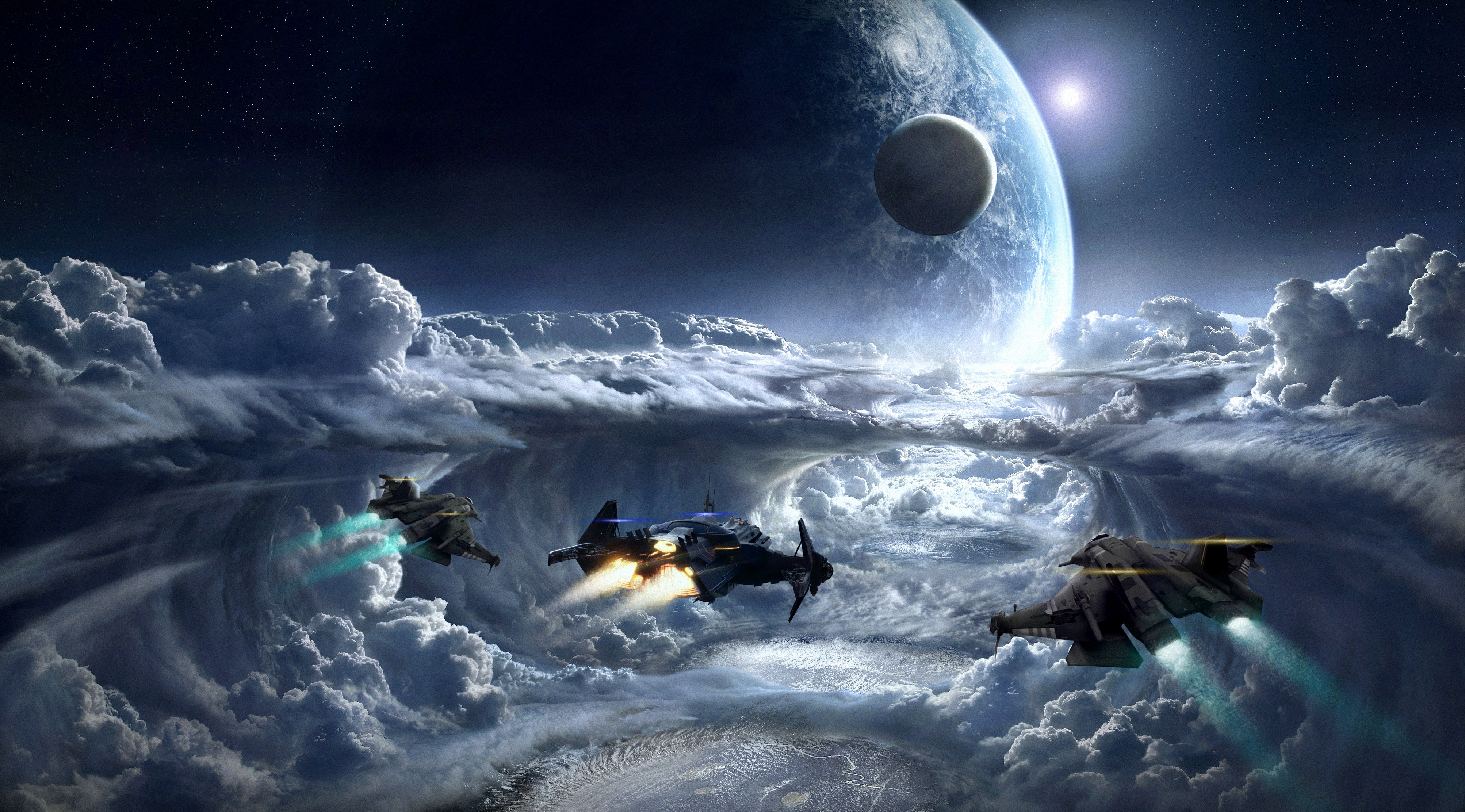 Spaceships flying through clouds near a planet in Star Citizen HD Wallpaper