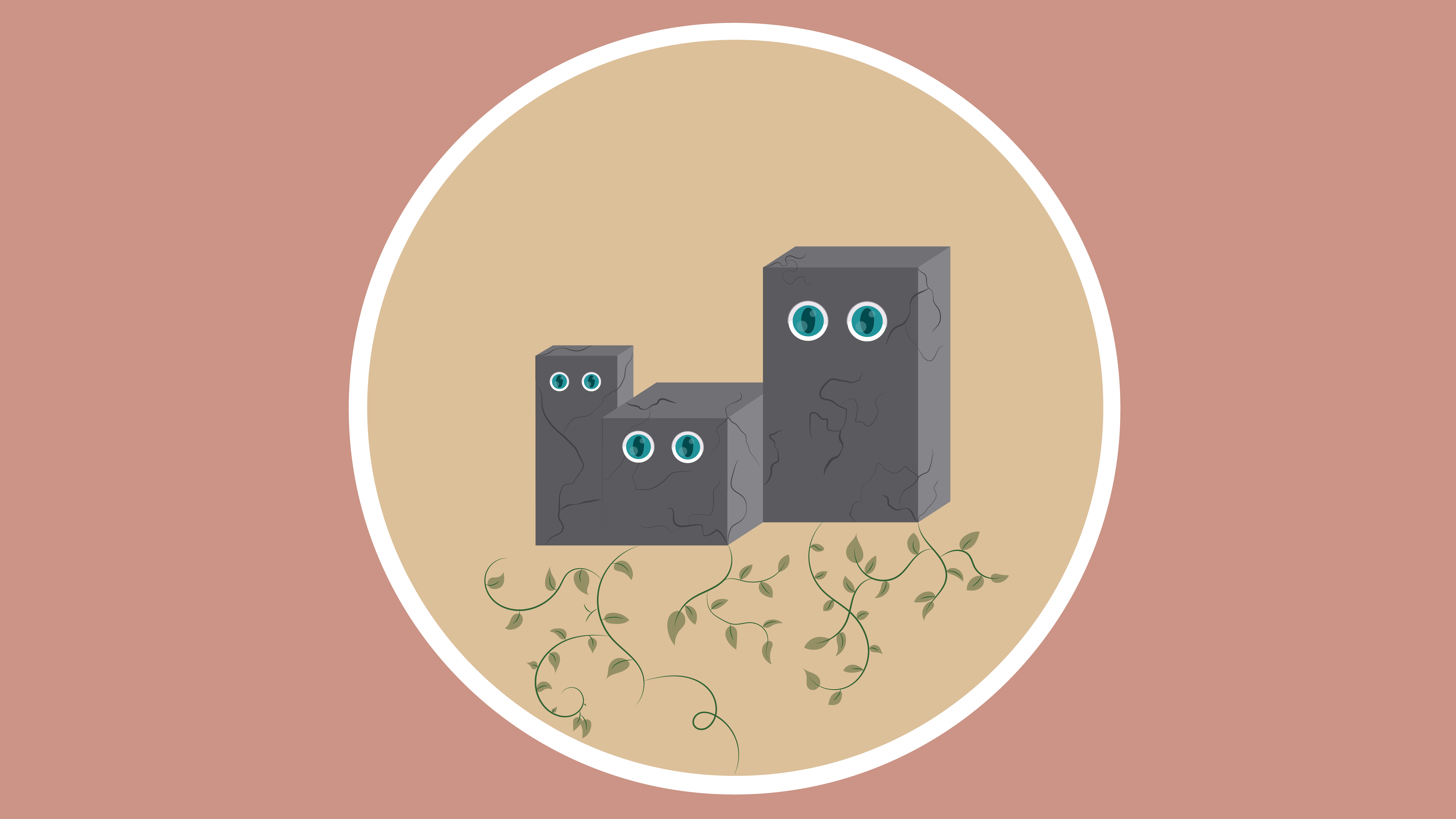 Three cartoon rocks with eyes and vines HD Wallpaper