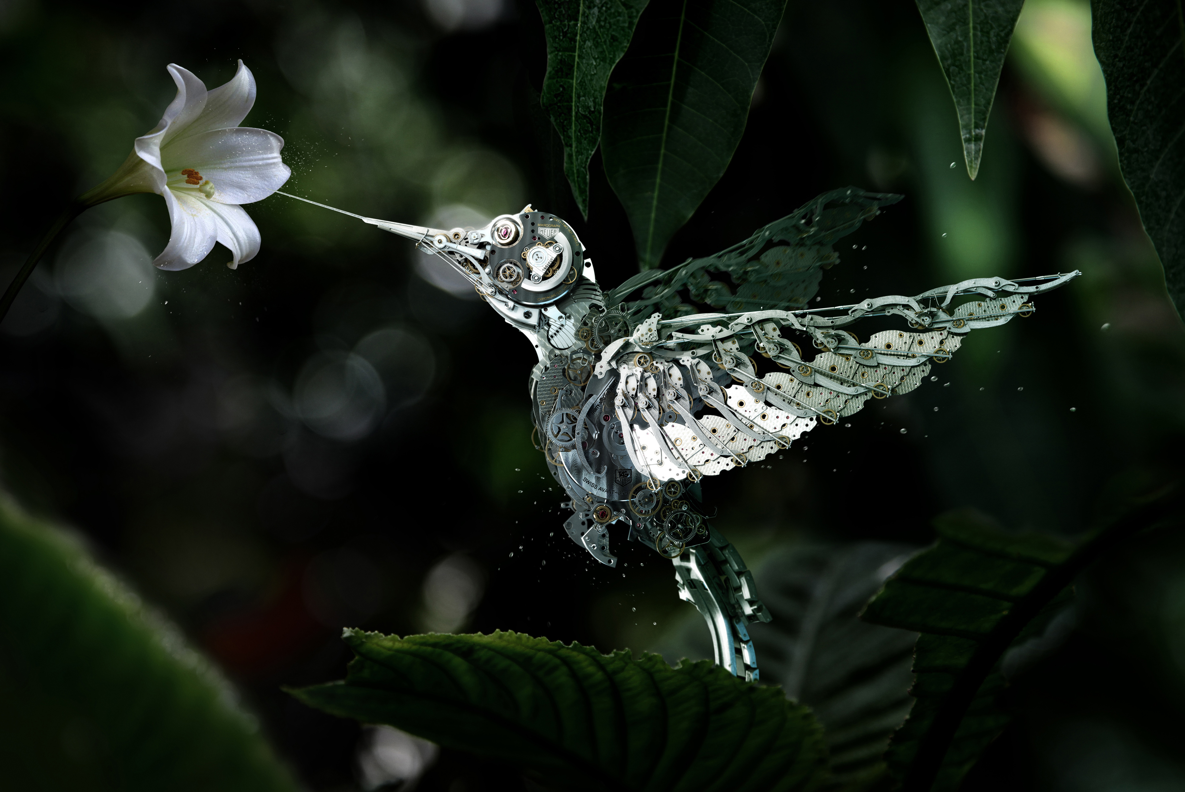 Mechanical hummingbird feeding from a white flower HD Wallpaper