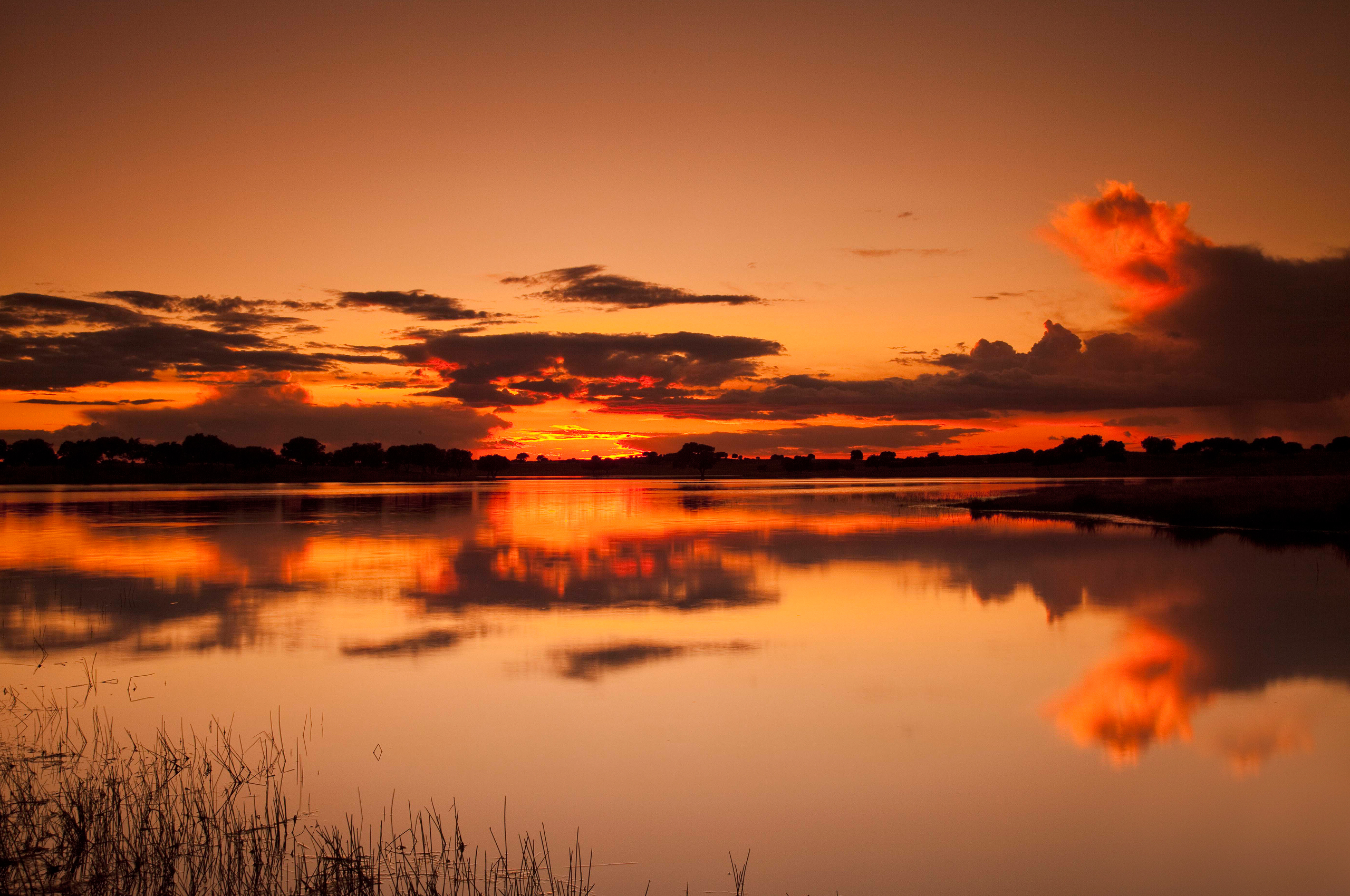 Sunset over a calm lake with reflections HD Wallpaper