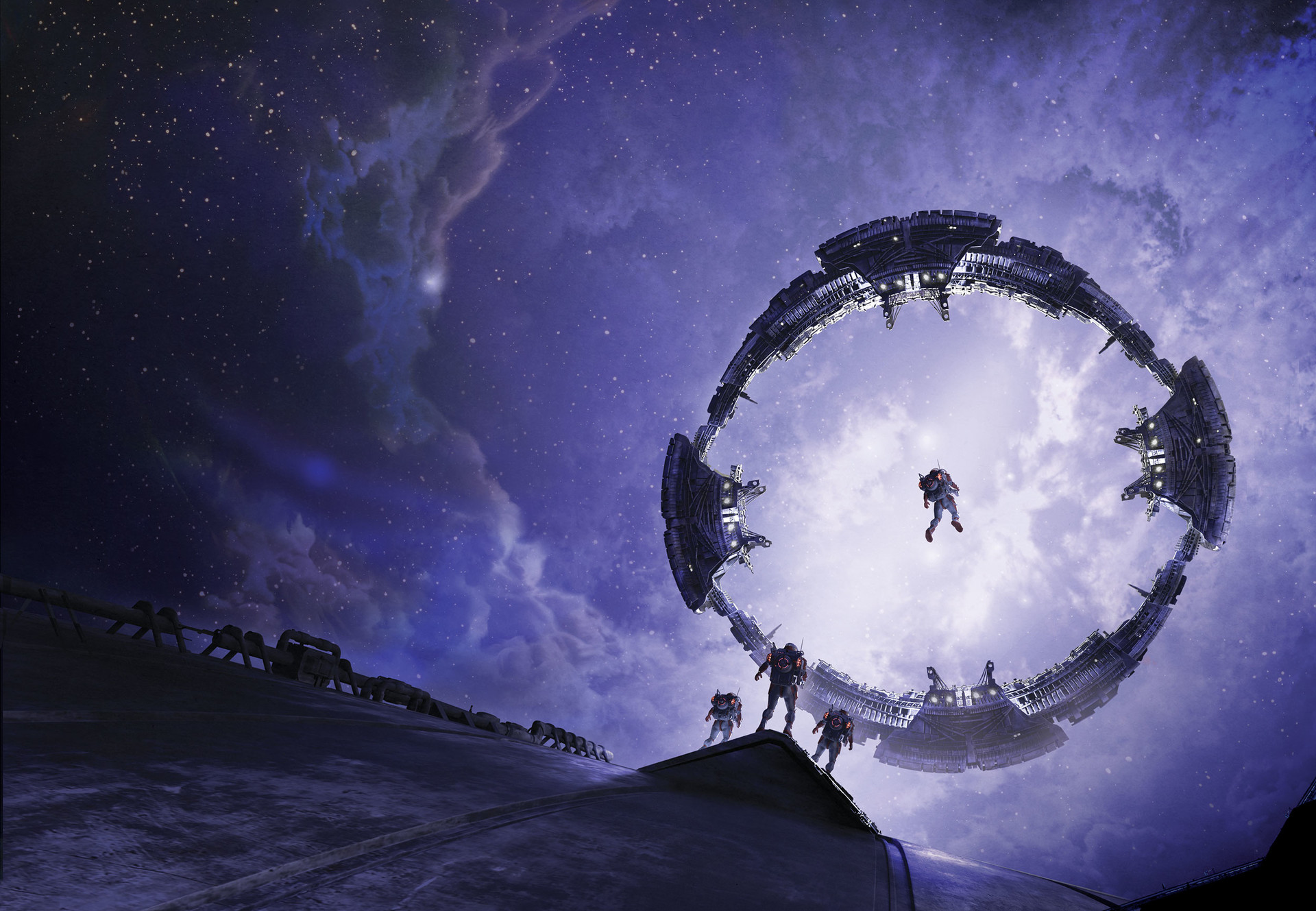 Astronauts near a large ring-shaped spacecraft in space HD Wallpaper
