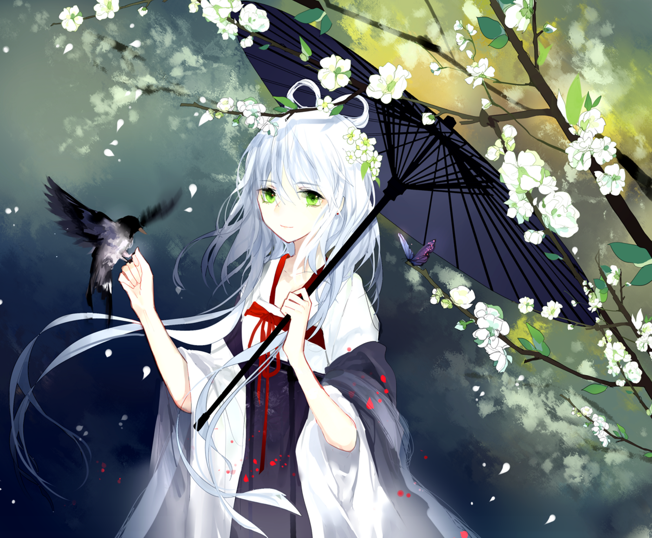 Anime girl with white hair and green eyes holding an umbrella HD Wallpaper