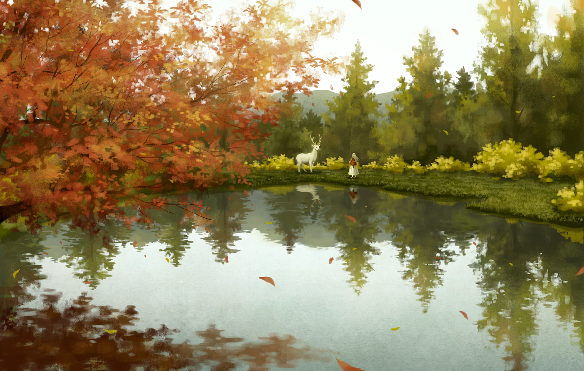 Anime girl and deer by a lake in autumn HD Wallpaper