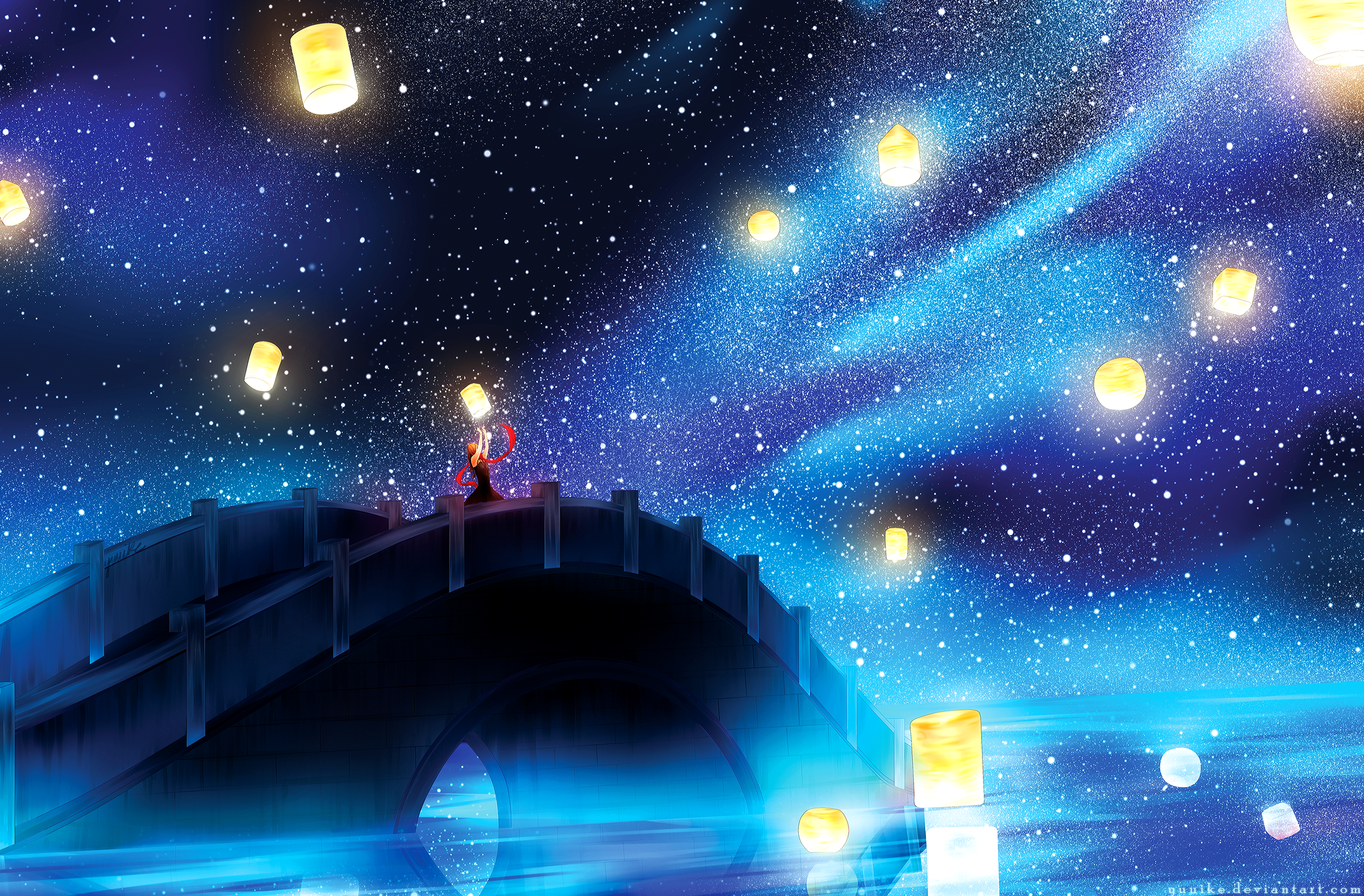 Fantasy bridge with lanterns under starry sky HD Wallpaper