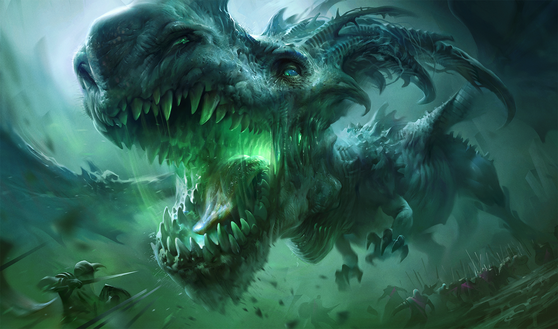 Green Dragon Creature Attacking Warriors Artwork HD Wallpaper