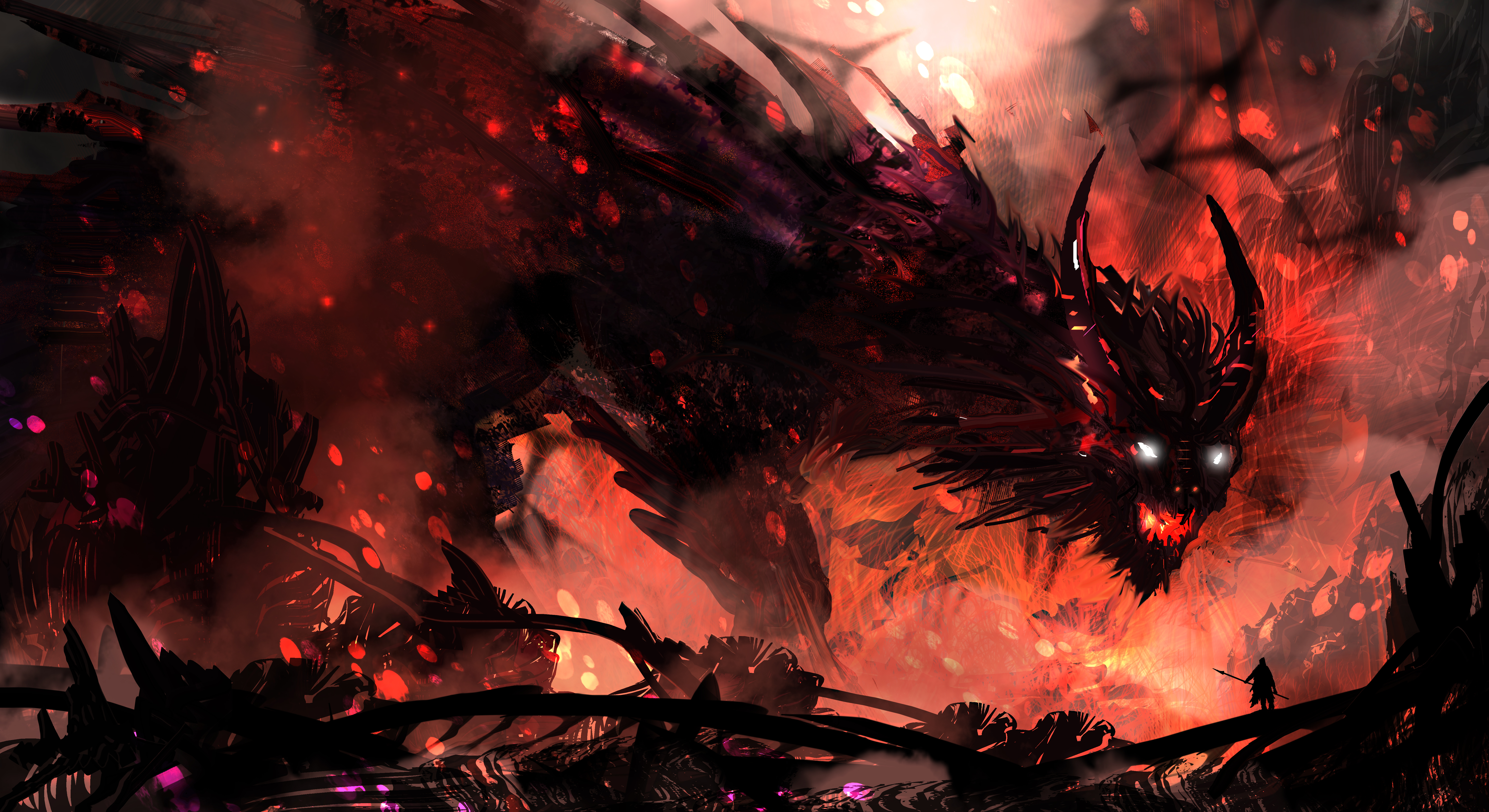 A fearsome dragon in a fiery landscape HD Wallpaper