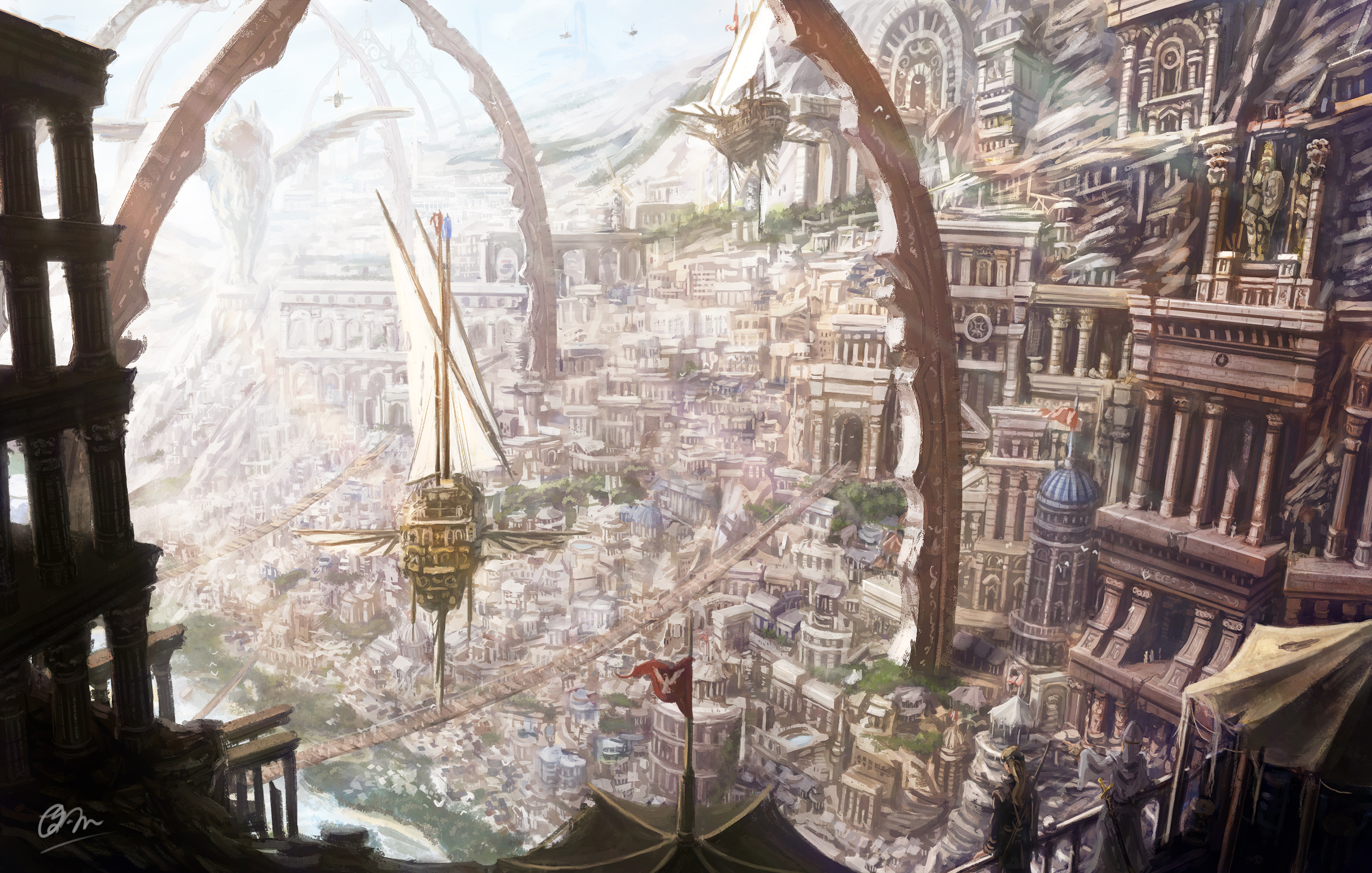Fantasy city with airships and ancient architecture HD Wallpaper