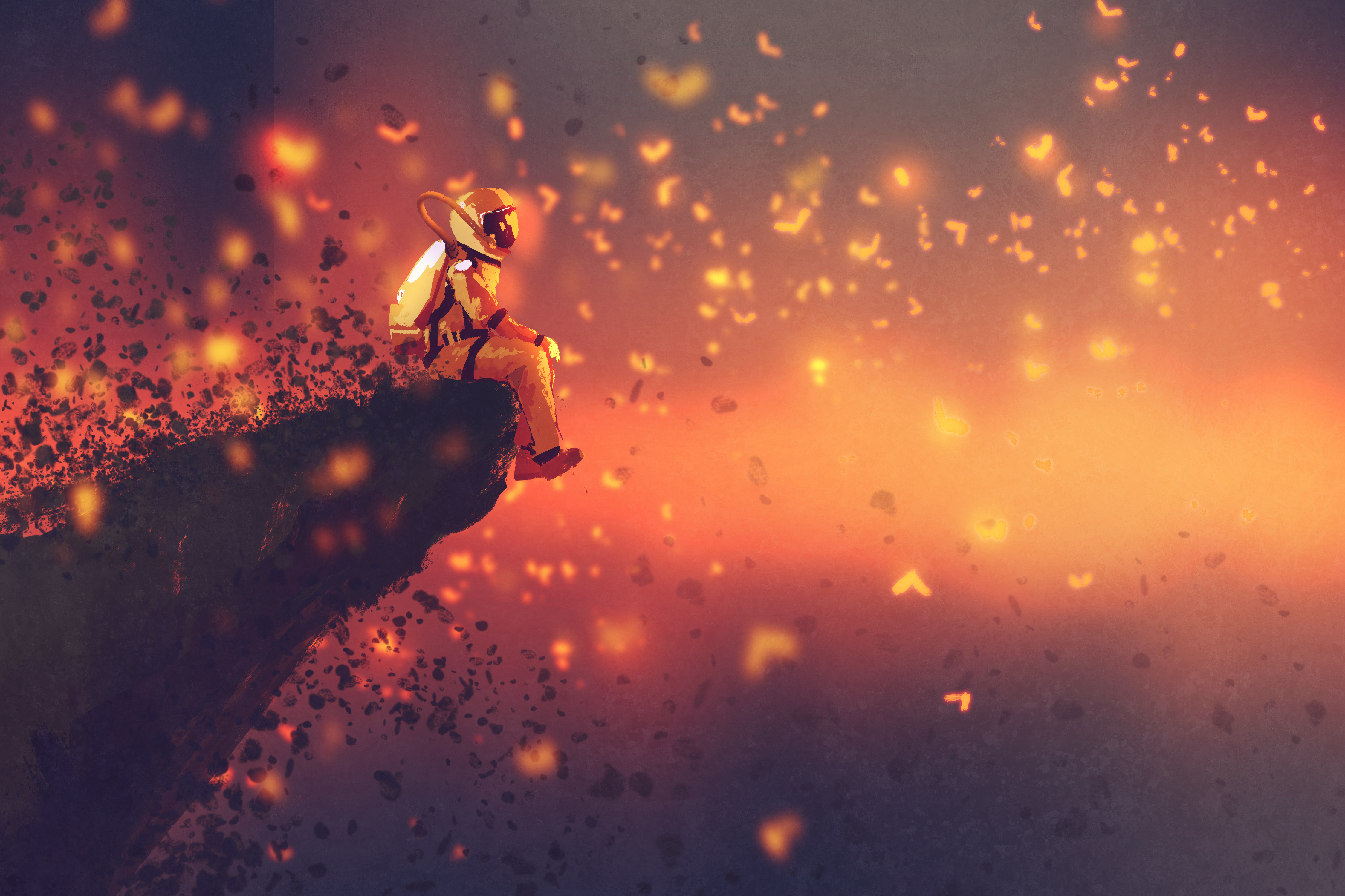 Astronaut sitting on a cliff edge HD Wallpaper
