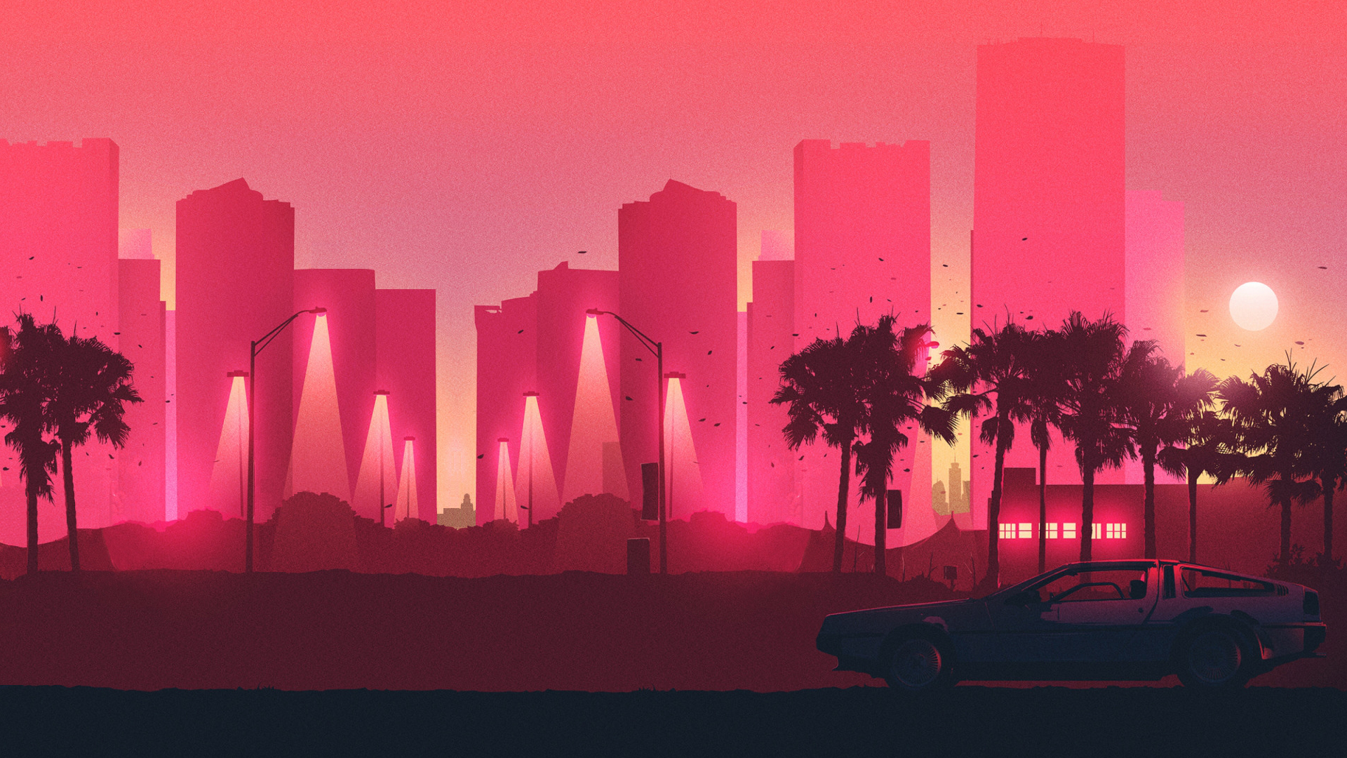 Retro city skyline with palm trees and a car HD Wallpaper