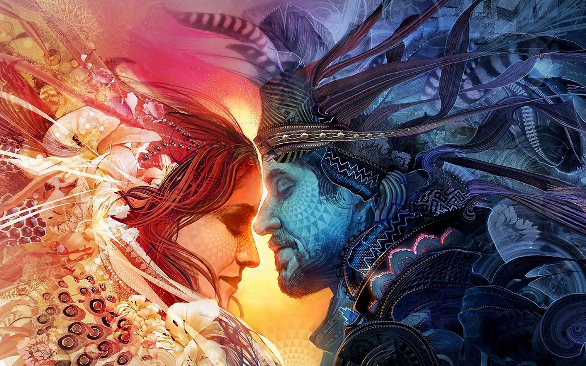 Artistic couple facing each other with colorful abstract elements HD Wallpaper