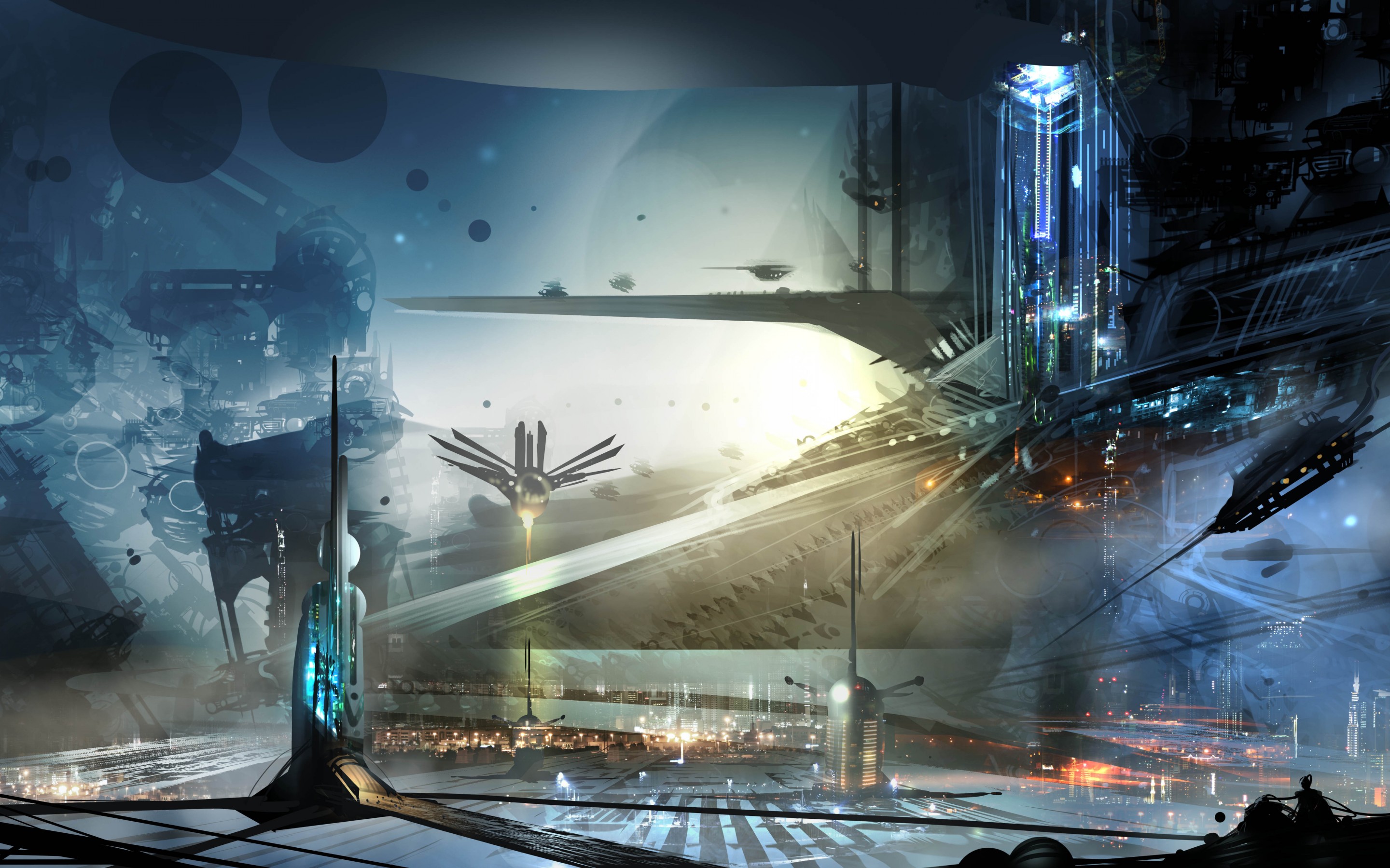 Futuristic Cityscape with Spaceships HD Wallpaper