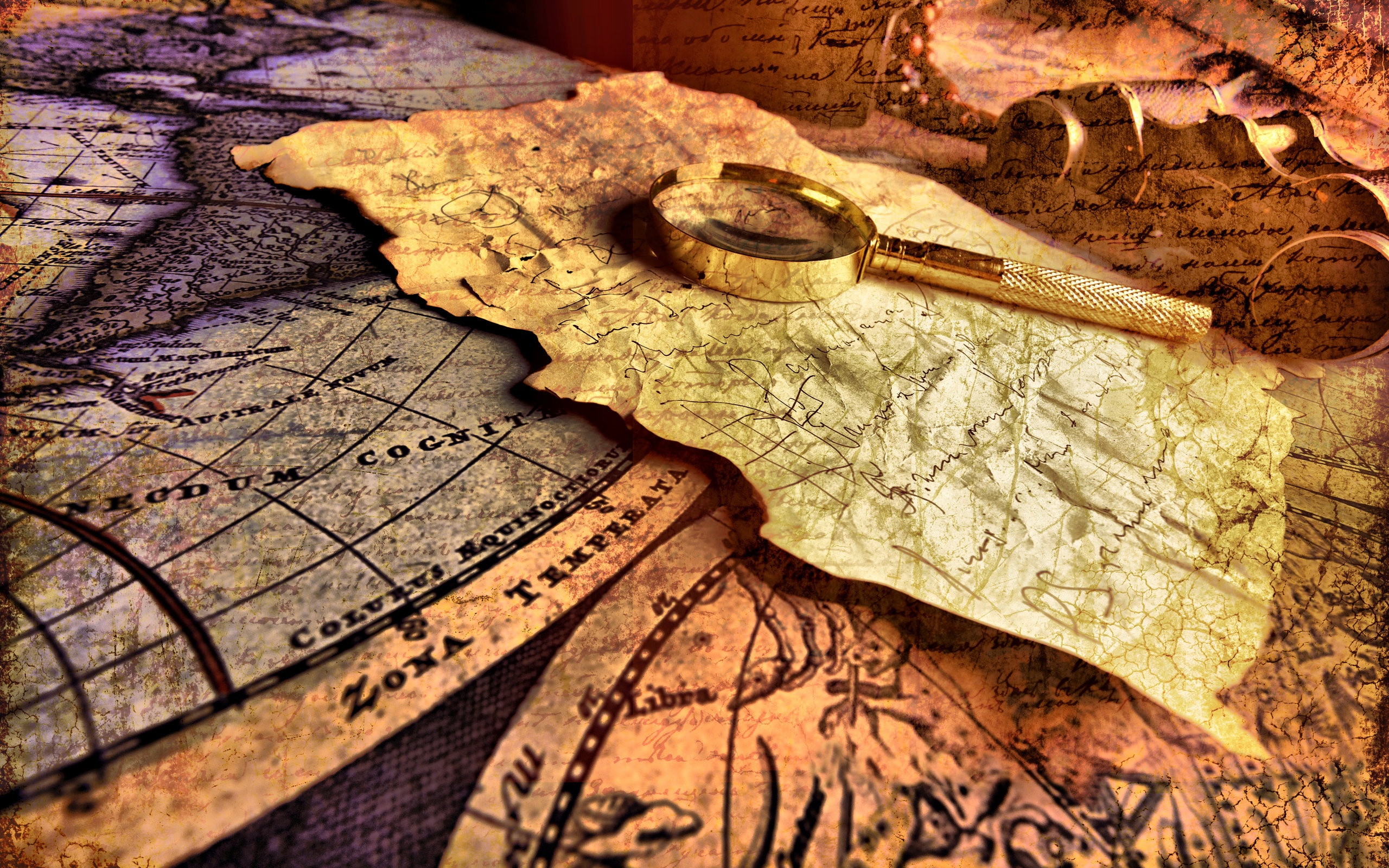 Old map with magnifying glass HD Wallpaper