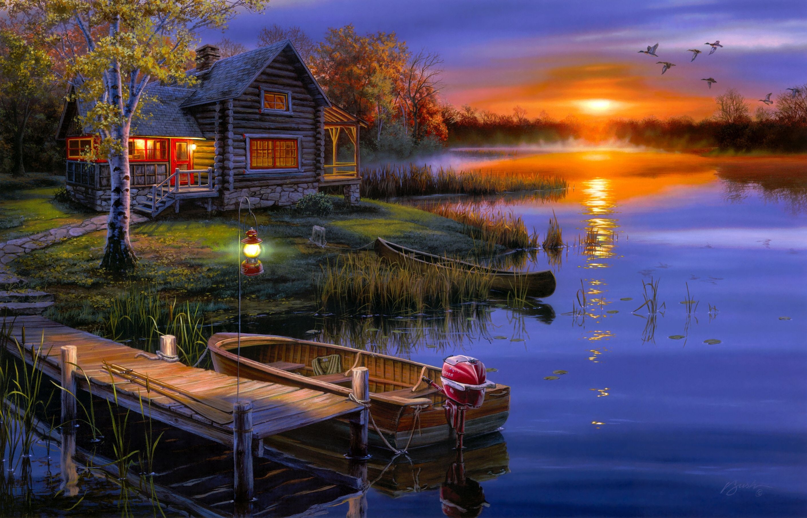Autumn Cabin and Lake at Sunset HD Wallpaper