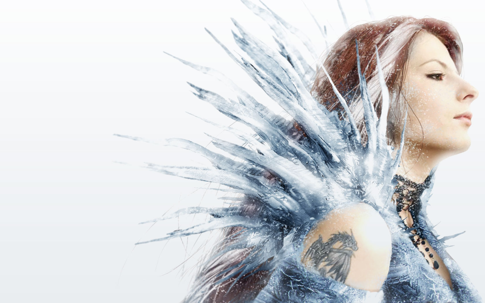 Woman with ice shards and dragon tattoo HD Wallpaper