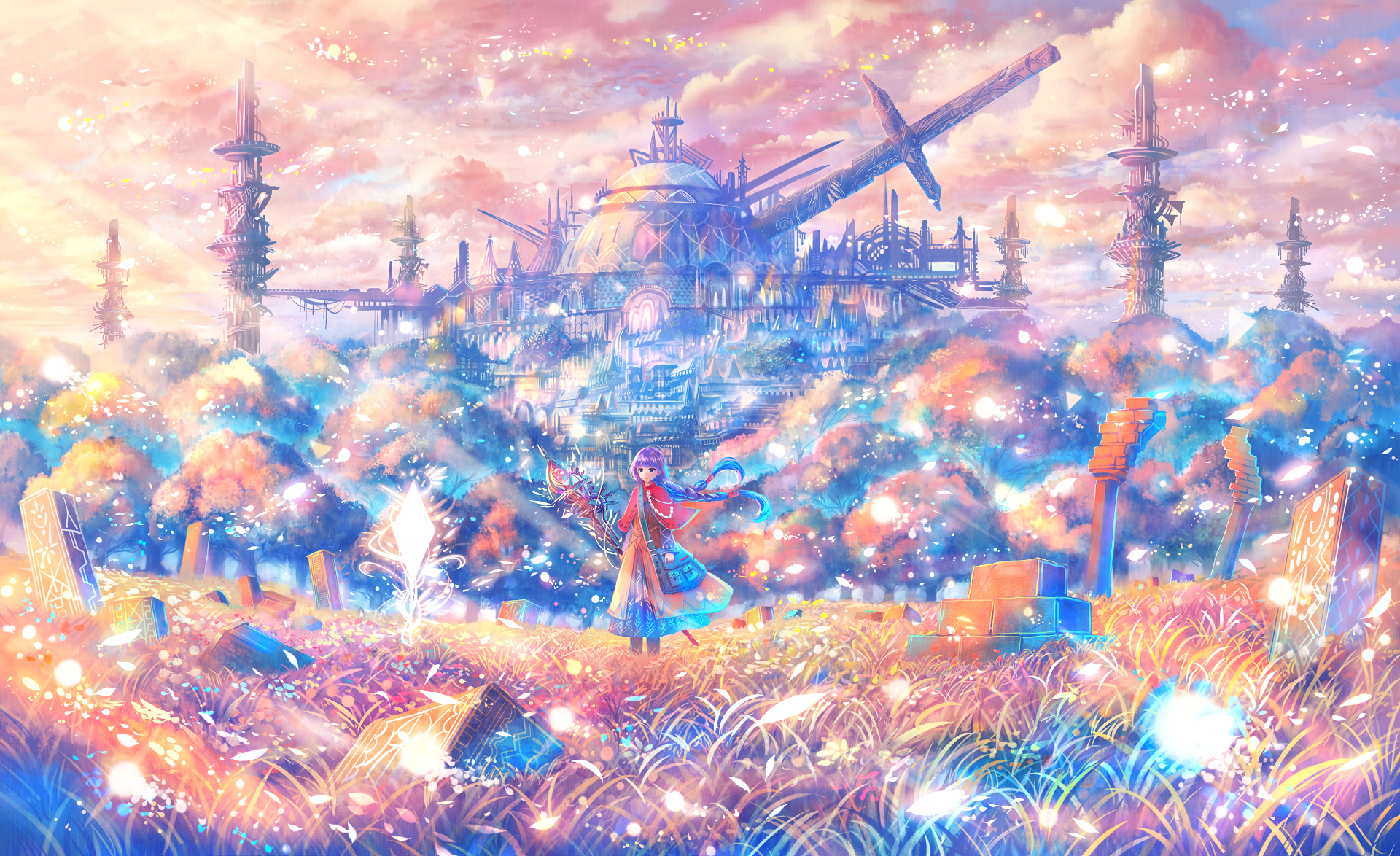 Girl with purple hair and staff in a fantasy city HD Wallpaper
