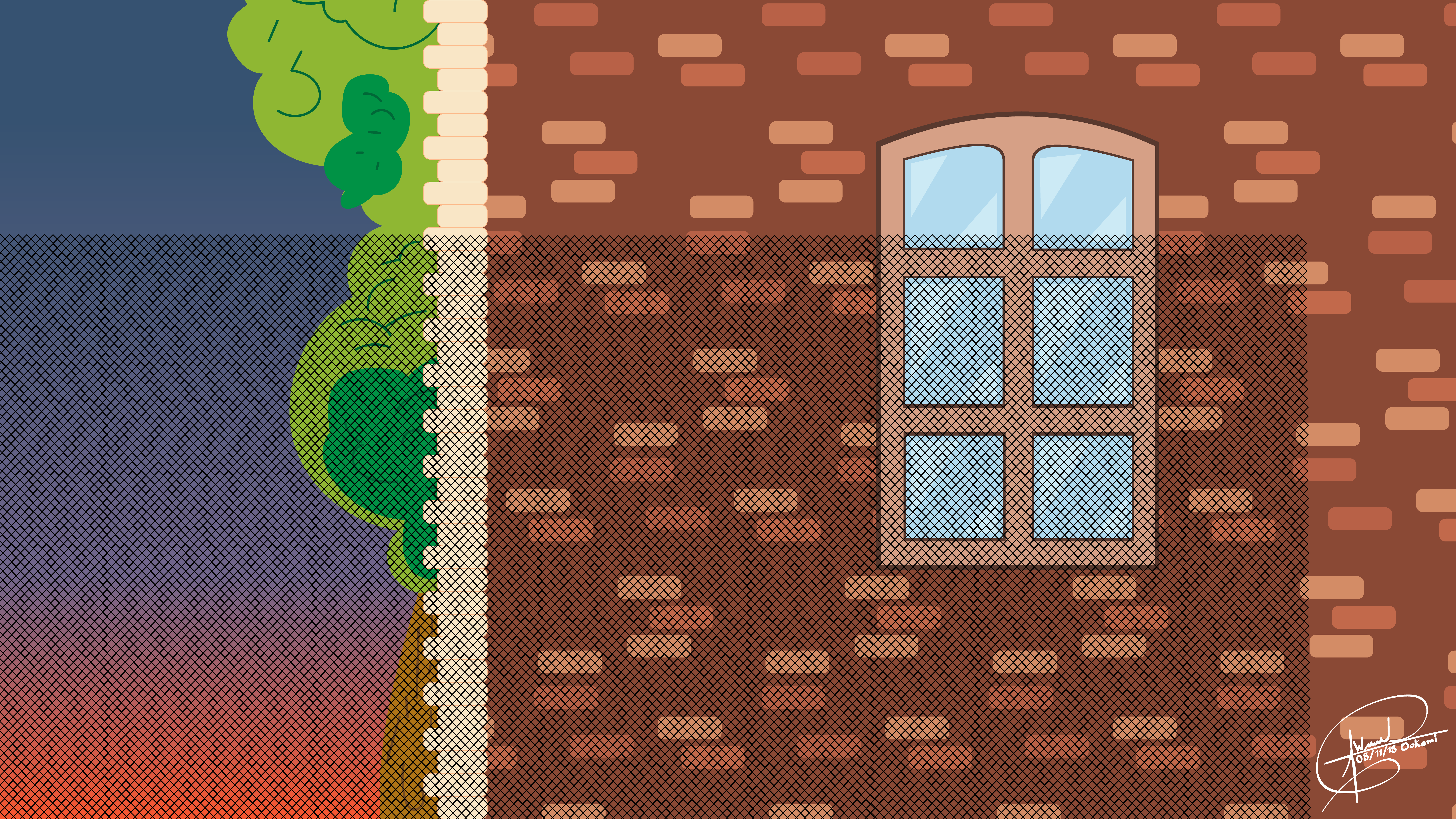 Brick wall with a window and a tree at sunrise HD Wallpaper